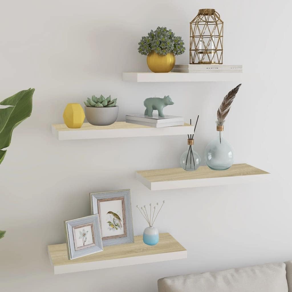 Modern Floating Shelves,Wall Storage Shelves,Wall Mounted Shelf Organizer Unit Display Shelf,Invisible Mounting System,Awards,Book,Collectibles,Ornaments,4 pcs Oak and White 23.6