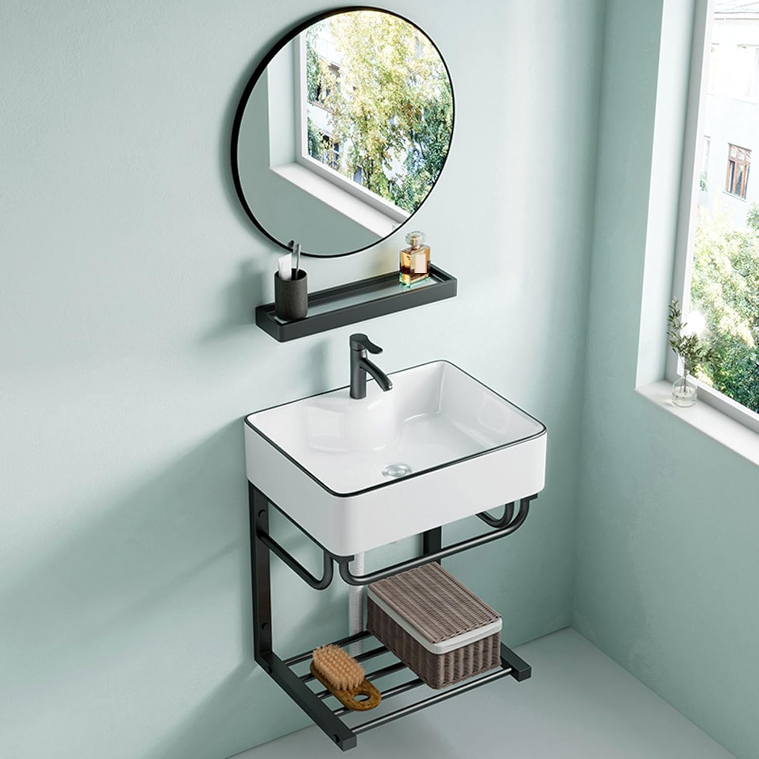 Corner Sink with Bracket, Wall Mount Vessel Sink, Bathroom Sink for Home, Bathroom, Restaurant, Indoor, Office Building, School,White,White-