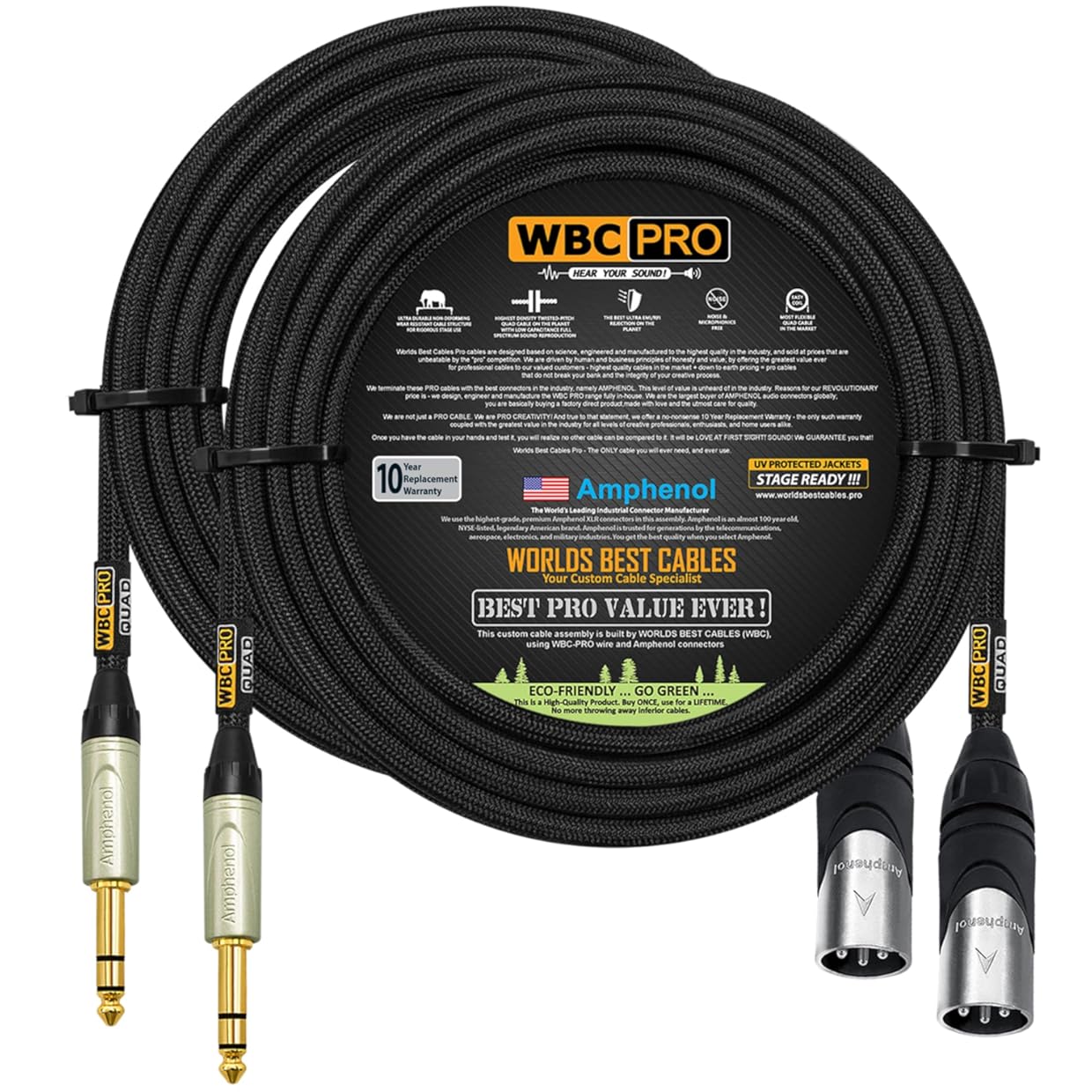 2 Units - 50 Foot - WBC-PRO-Quad Ultra-Silent Ultra-Flexible Balanced Star-Quad XLR to TRS Cable with Amphenol AX3M Male XLR & QS3P-AU Straight TRS Stereo Phone Plugs - Black Tweed Jacket