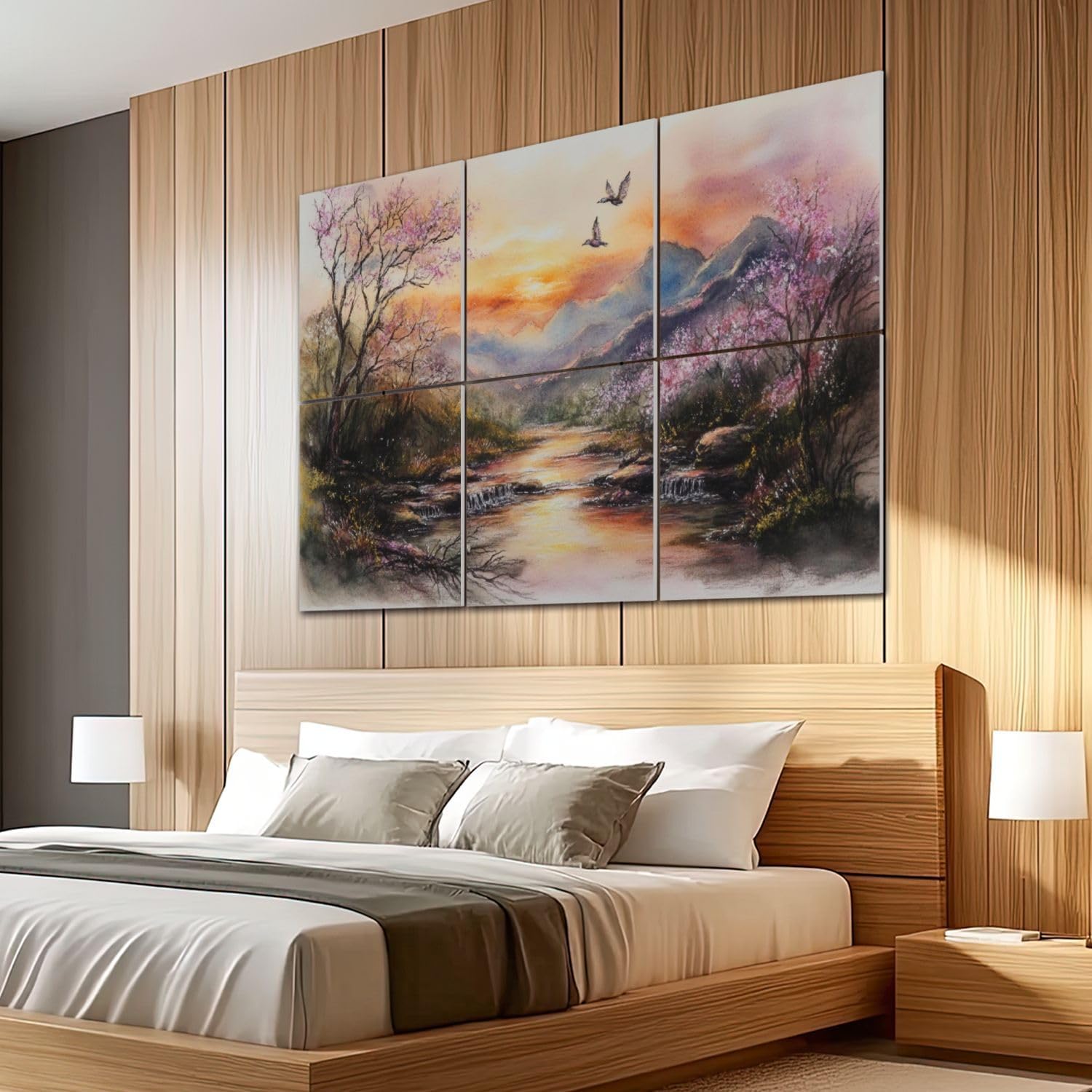 6 Pack Art Acoustic Panels Sound Absorbing Cherry Blossom Trees Mountains Birds Sunset Sky Watercolor Technique Decorative Soundproof Wall Panels Self Adhesive for Recording Studios Office 72