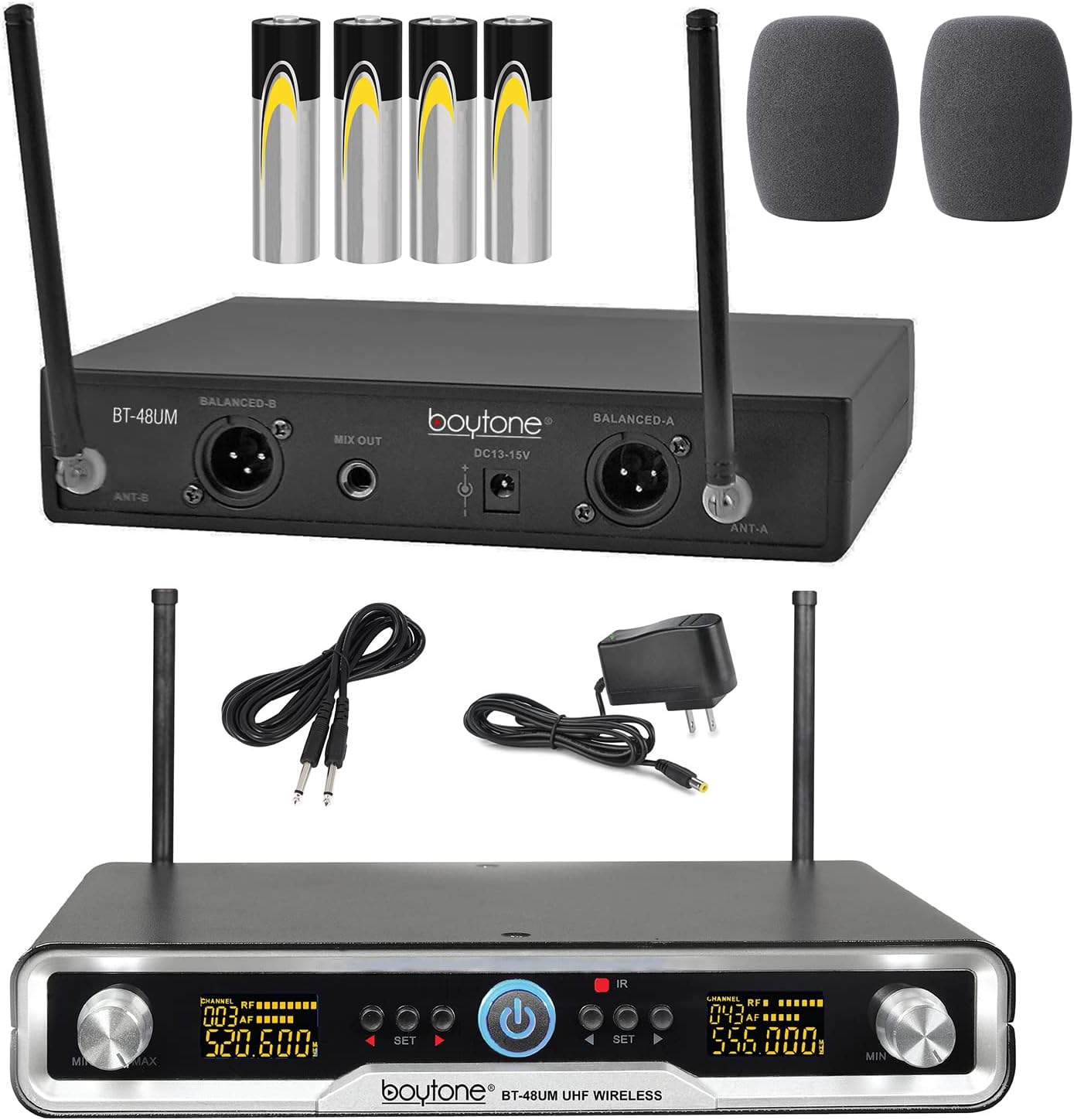 Boytone BT-48UM 100 Channels Wireless Microphone Dual Metal Professional UHF Cordless Dynamic Mic Handheld Microphone System, for DJ, Meeting, Party, Church, Aluminum Carrying Cases, Metal Base