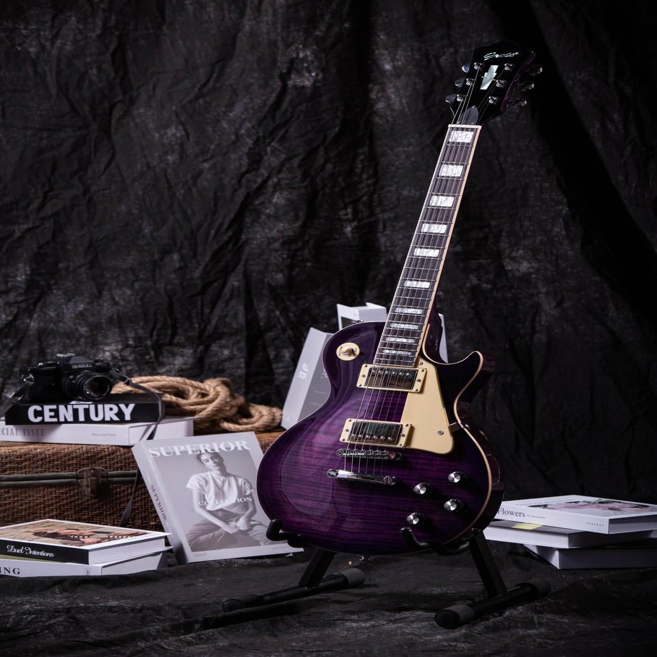 40'' Electric Guitar Solid Lpys-006 Maple Neck, LP Style Electric Guitar, Stainless Steel Cover, Suitable for all Levels, with GIGBAG (GTLP-02-purple)