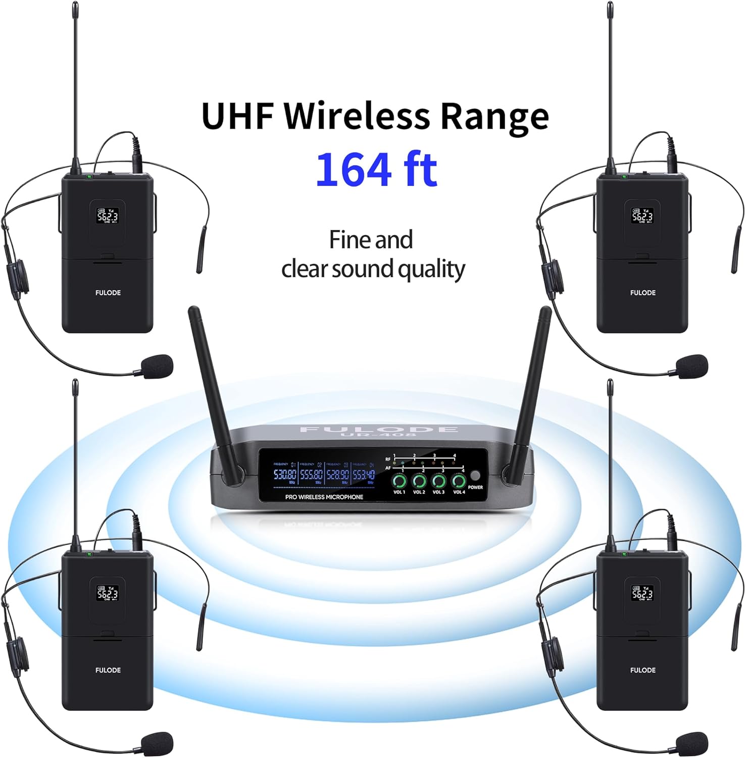 UR-408 4 Channel Professional Wireless Microphone System with 4 Lavalier 4 Headset Mics, Ideal for Home Party Singing Karaoke Meeting Church Event TV Speaker