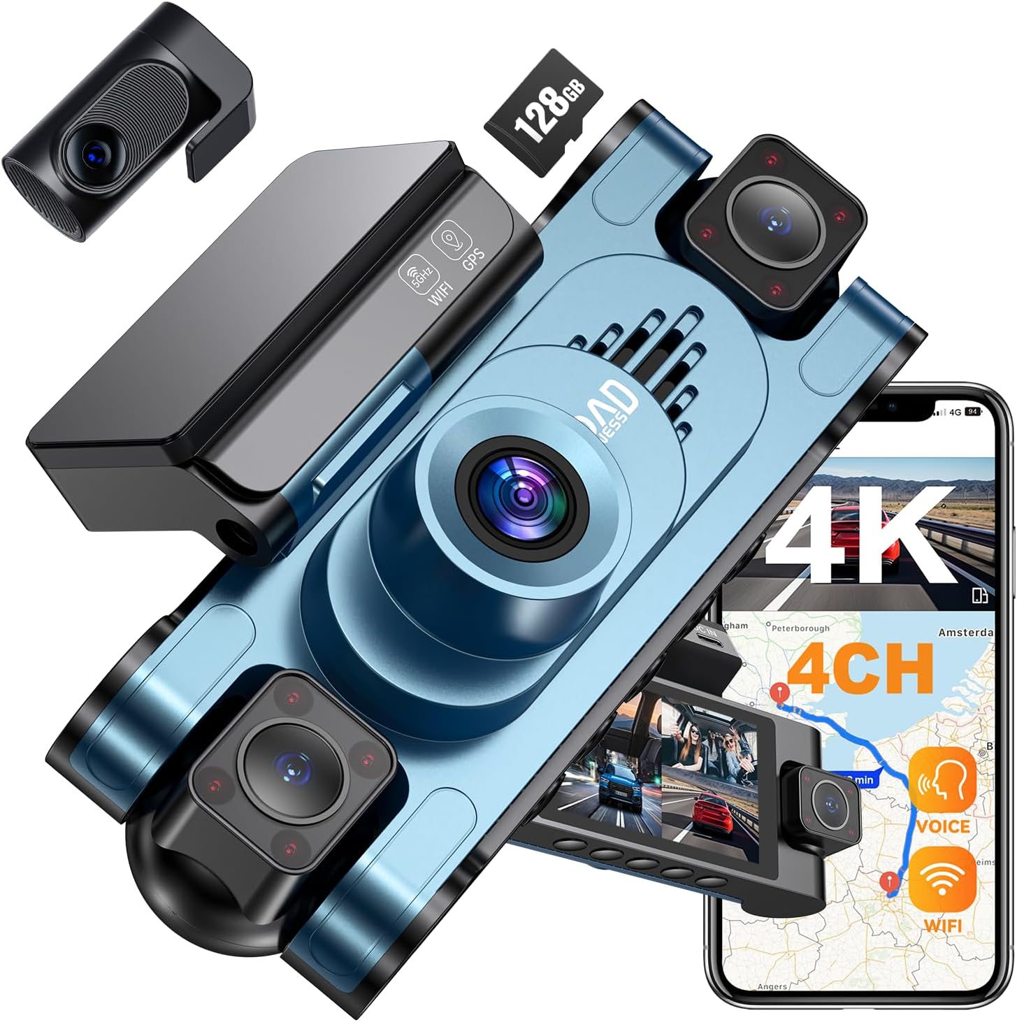 4K DashCam for Cars,4 Channel Car Dash Cam Front and Rear Inside with Voice Control,5G WiFi GPS, Night Vision, G Sensor, WDR, 24/7 Parking Mode Free 128G Card Loop Recording (Blue)