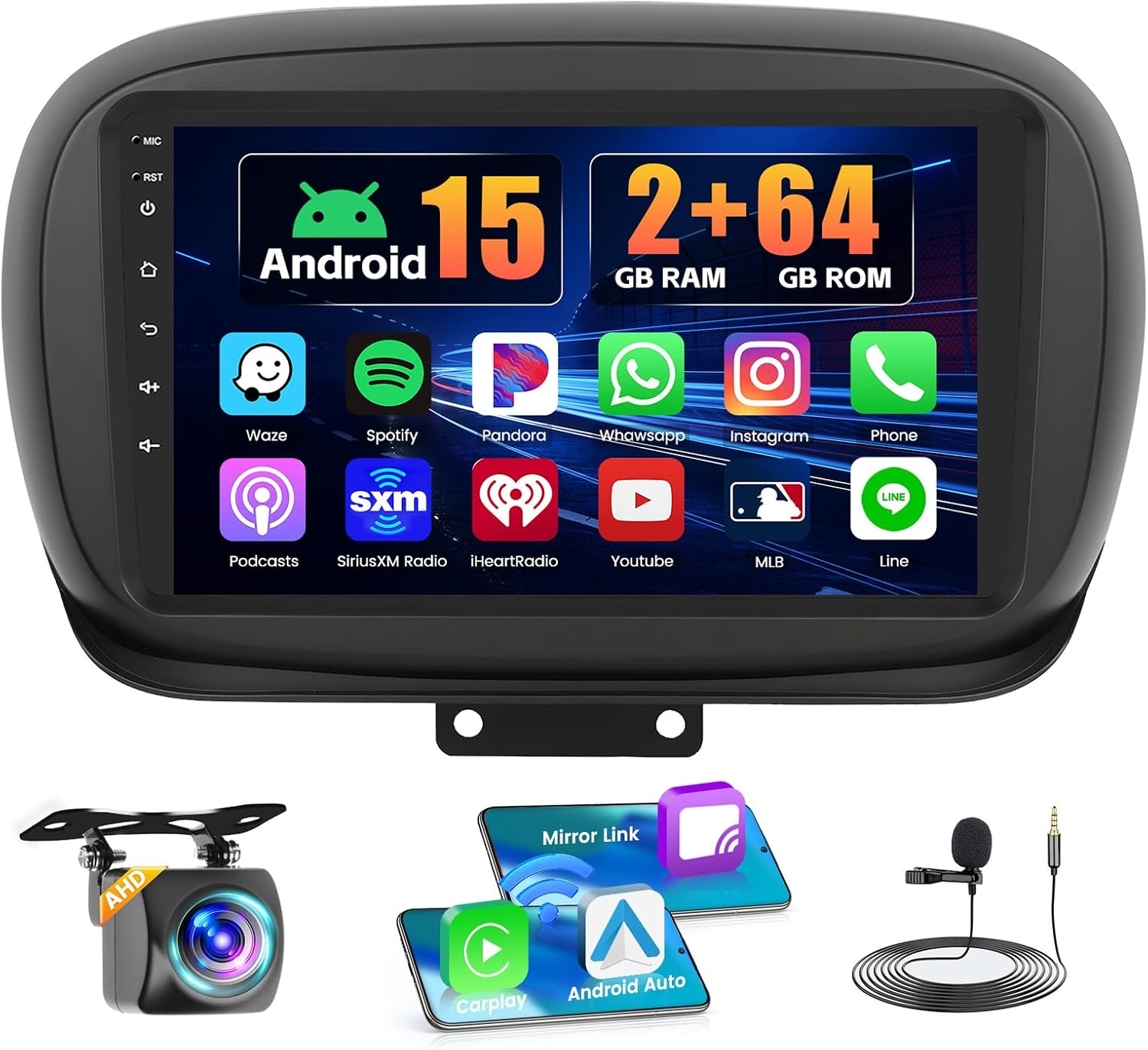 2+64GB Android 15 Car Stereo for Fiat 500X 2014-2020 (LHD) with Wireless Carplay and Android Auto, 9 Inch Touchscreen Car Radio for Fiat 500X with Bluetooth, EQ, GPS, WiFi, FM RDS AHD Backup Camera