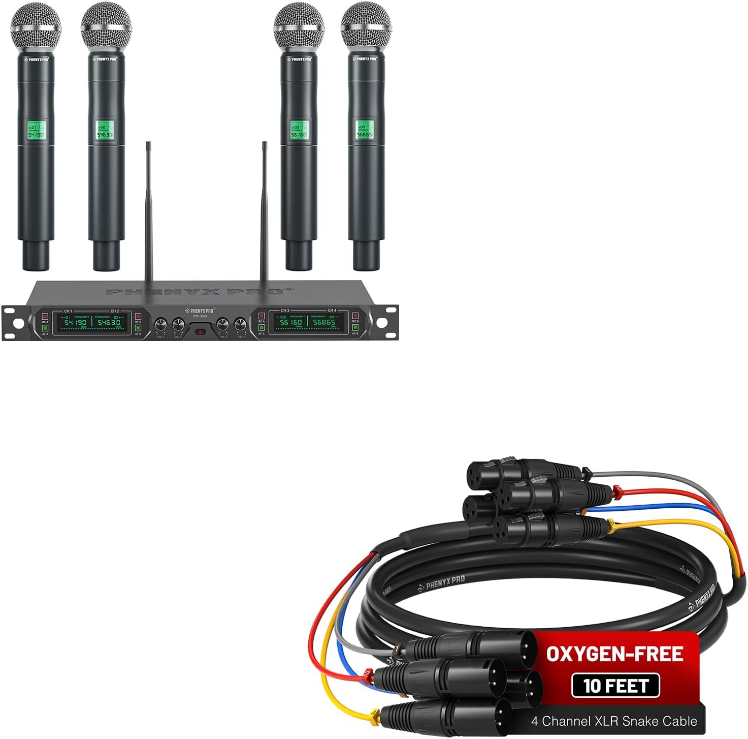 Phenyx Pro Wireless Microphone System, 4-Channel UHF Wireless Mic (PTU-5000-4H) Bundle with 10Ft XLR Snake Cable