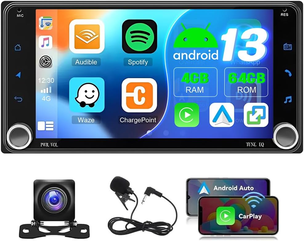 4+64G Android 13 Car Stereo Radio for Toyota Highlander 2000-2007,4Runner 2003-2009,RAV4 2006-2011,Scion xB 2004-2006,7 Touch Screen with Wireless Carplay Android Auto GPS Navi WiFi Bluetooth Camera