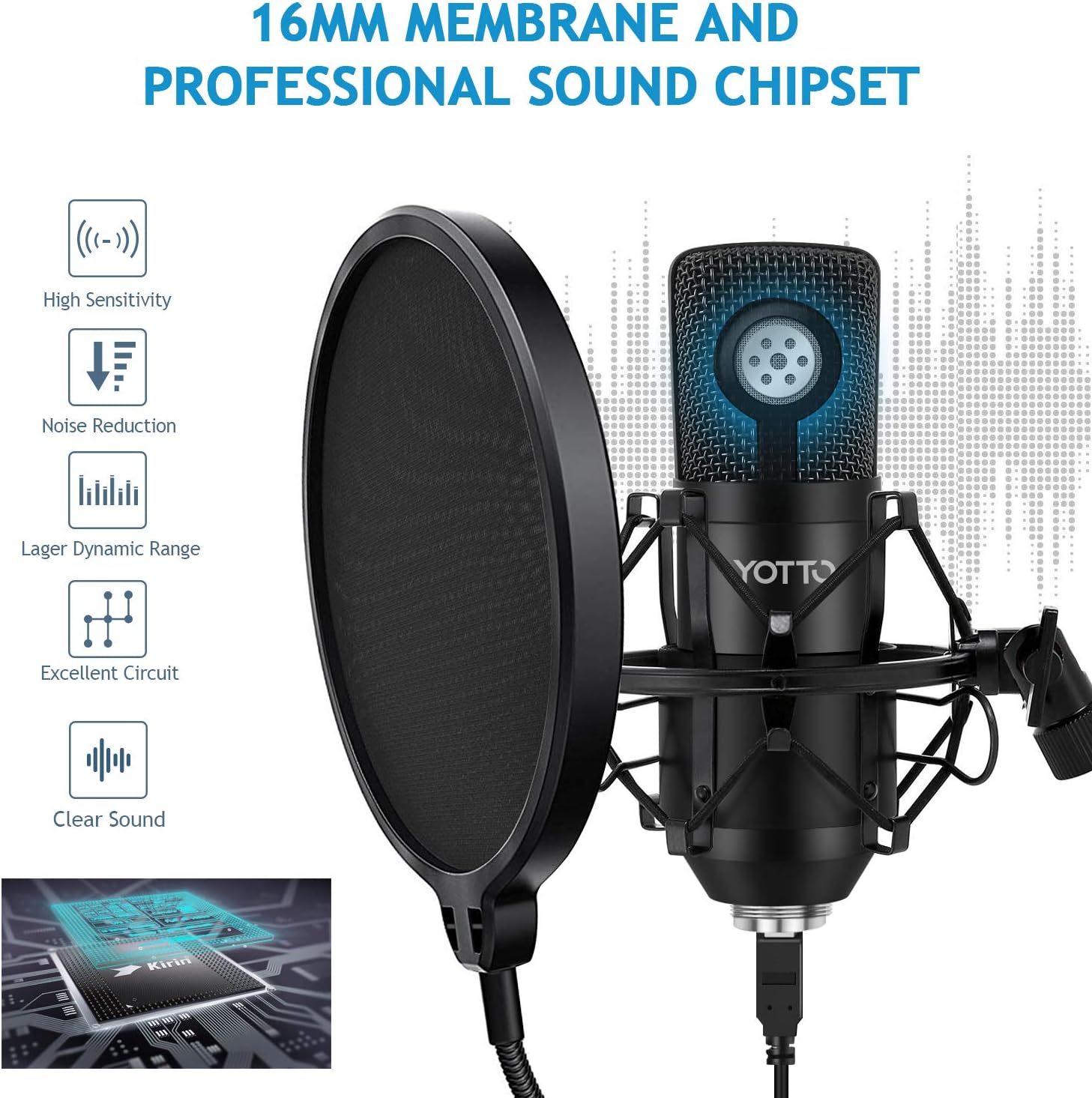 YOTTO USB Microphone Kit 192KHZ/24BIT Plug & Play Computer PC Microphone Studio Streaming Cardioid Mic with Boom Arm Shock Mount Pop Filter for Recording Broadcasting YouTube Gaming Voice