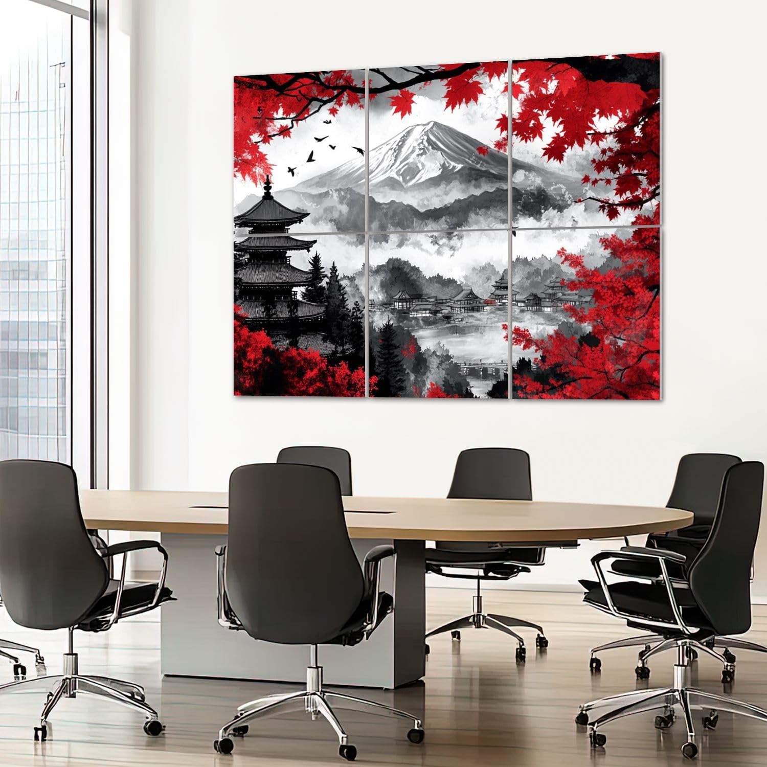 6 Pack Art Acoustic Panels Sound Absorbing Black And White Pop Of Red Japanese Temple Autumn Fall Landscape Mount Decorative Soundproof Wall Panels Self Adhesive for Recording Studios Office 72