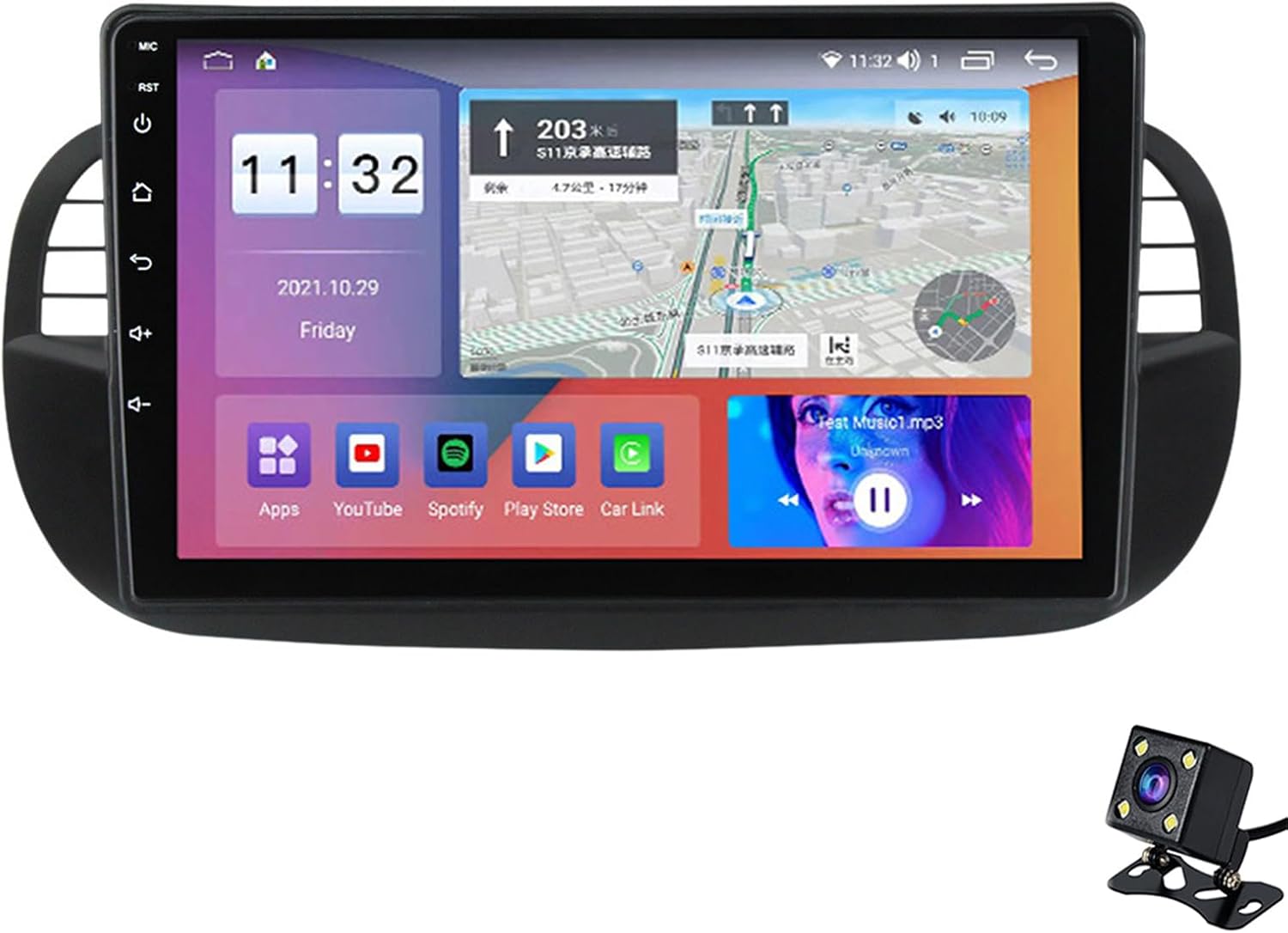 Android 12 1 DIN Car Stereo Head Unit for Fiat 500 with Wireless CarPlay and Bluetooth FM/AM Radio Backup Camera Split Screen