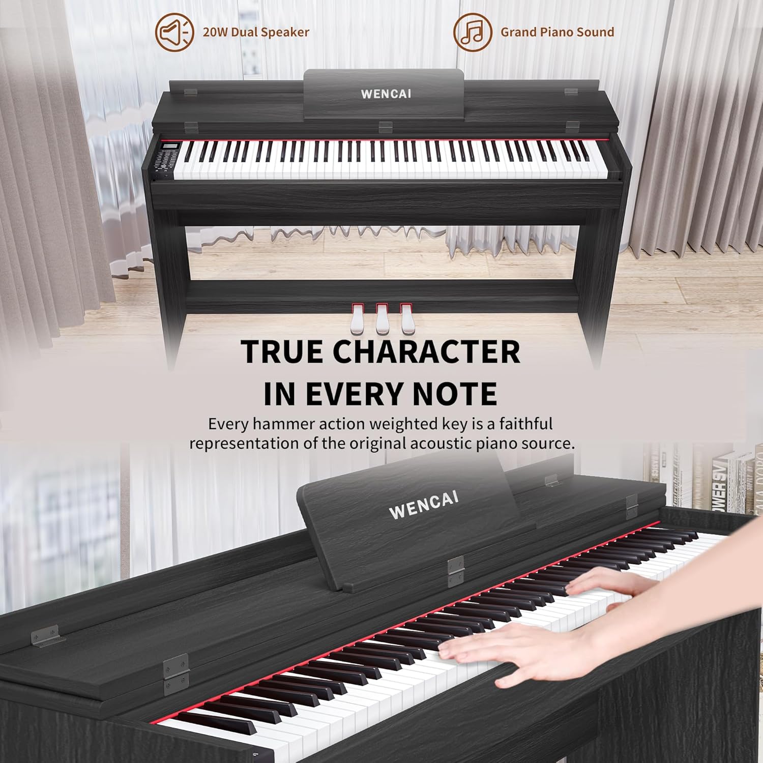 WENCAI 88 Key Fully Weighted Digital Piano Keyboard, 88 Keys Hammer Action Electric Pianos, Wooden Classic Upright Electronic Piano for Beginner, Professional, Midi Compatible, Triple Pedal (Black)