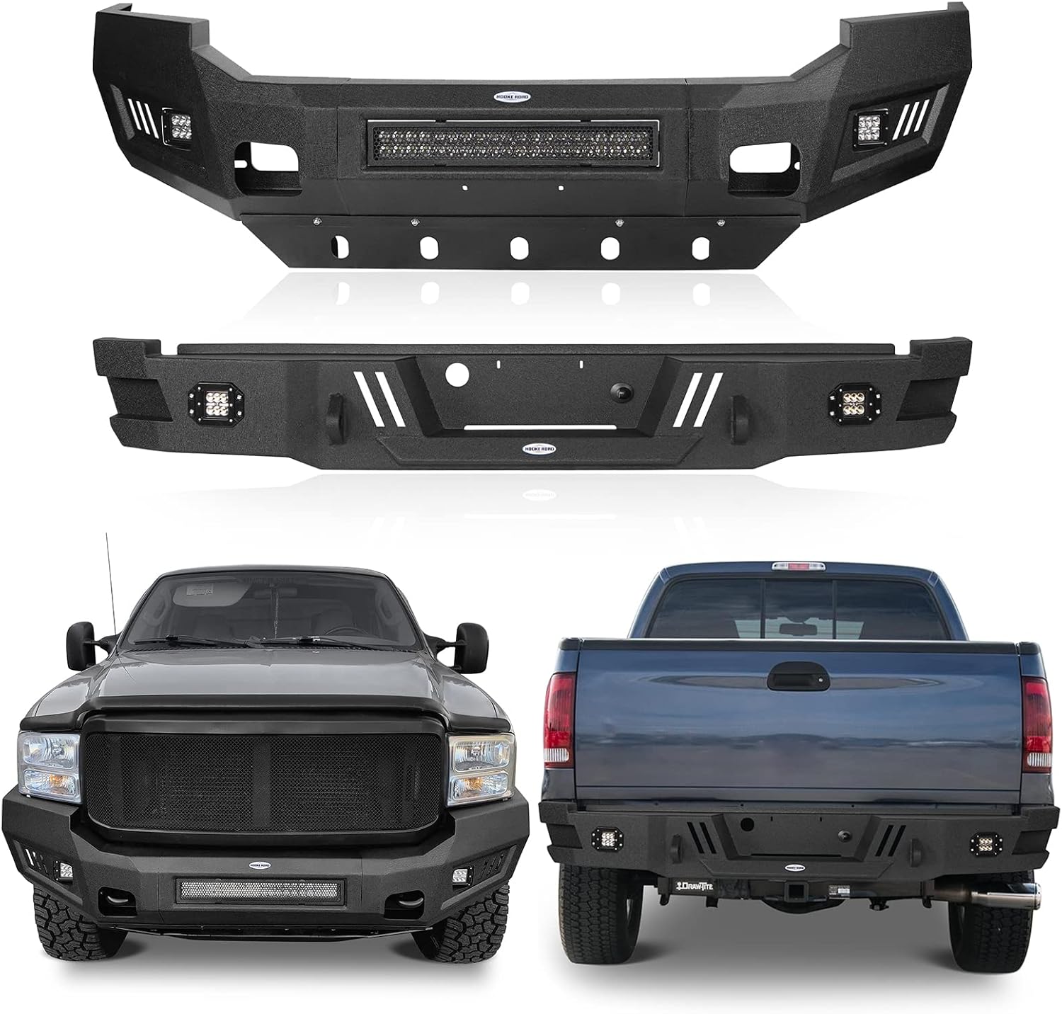 Hooke Road F250/350 Full Width Front Bumper & Rear Bumper Kit for 2005 2006 2007 Ford F250 F350 Super Duty Truck