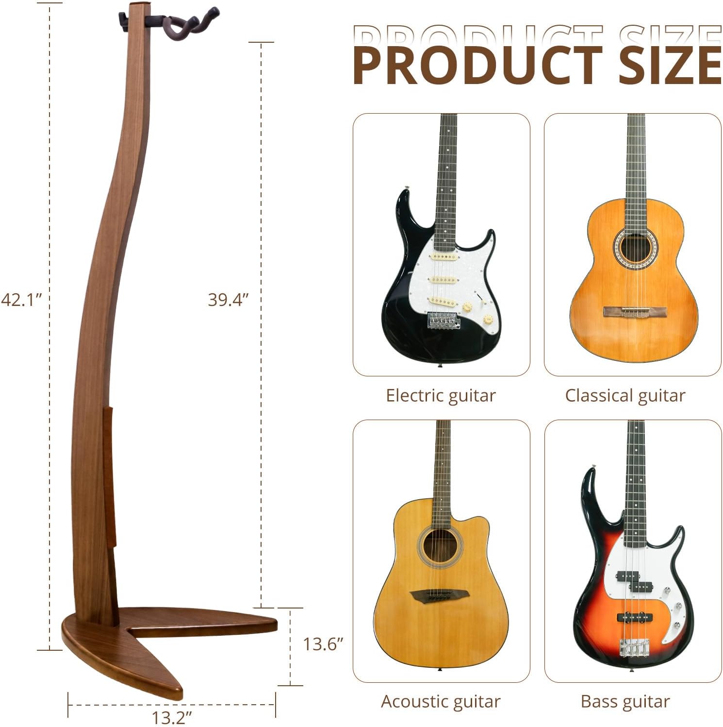 MUSO Guitar Bass Hanger Stand, Solid Wood Bow Holder Mermaid Shaped for Display and Storage, 42 inches Height Anti-scratched and Anti-bump, Deorate Studios, Living room and Stage (Black Walnut, 1)