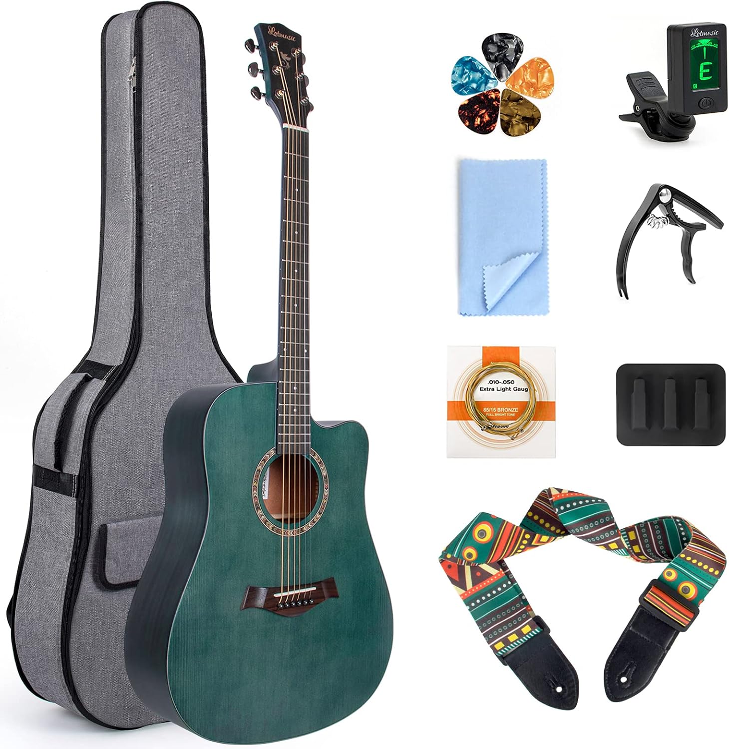 Acoustic Guitar,41 Inch Professional Cutaway Folk Guitarra Bundle 6 Metal Strings with Beginner Kit Gig Bag Tuner Strap Picks,Strings Capo Mute Clean cloth