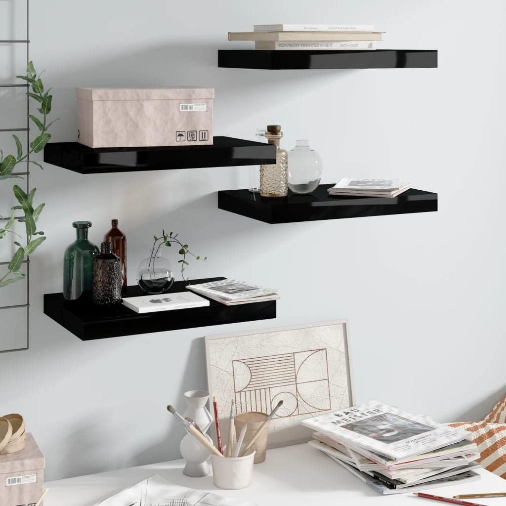 Modern Floating Shelves,Wall Storage Shelves,Wall Mounted Shelf Organizer Unit Display Shelf,for Living Room,Bedroom,Kitchen,Bathroom,Office,4 pcs High Gloss Black 15.7