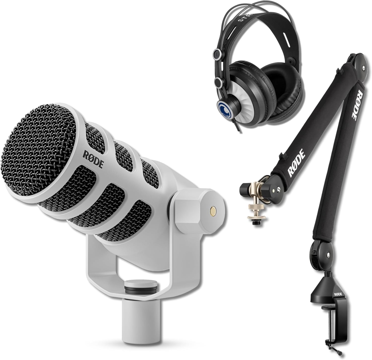 Rode PodMic Cardioid Dynamic Broadcast Microphone (White) with Rode PSA1+ Broadcast Microphone Boom Arm, StreamEye Cans50 Professional Studio Headphone and XLR Cable