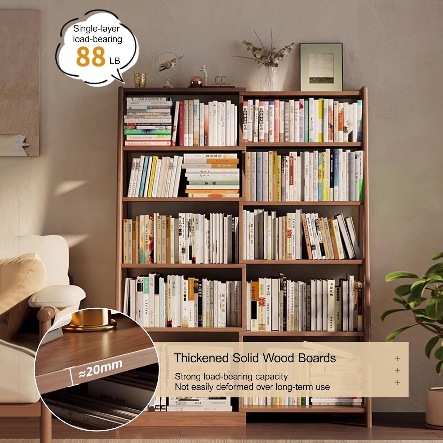 Expandable 3-in-1 Convertible Bookcase with Adjustable Width, Storage Organizer Bookcase Corner & Straight Shelf Design for Living Room Bedroom