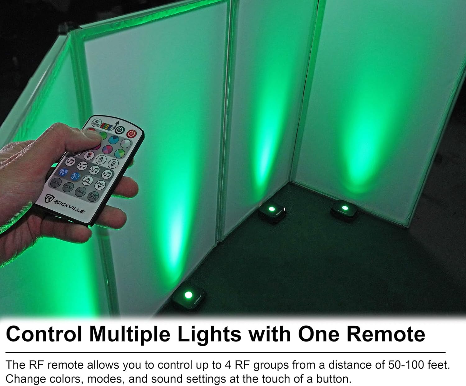 Rockville 4 Pack MINI RF1 V3 Black LED Wash Up Light, RGBWA+UV, Compact, App, Remote, LCD, Wireless DMX, Rechargeable, Perfect for DJ/Party Lighting