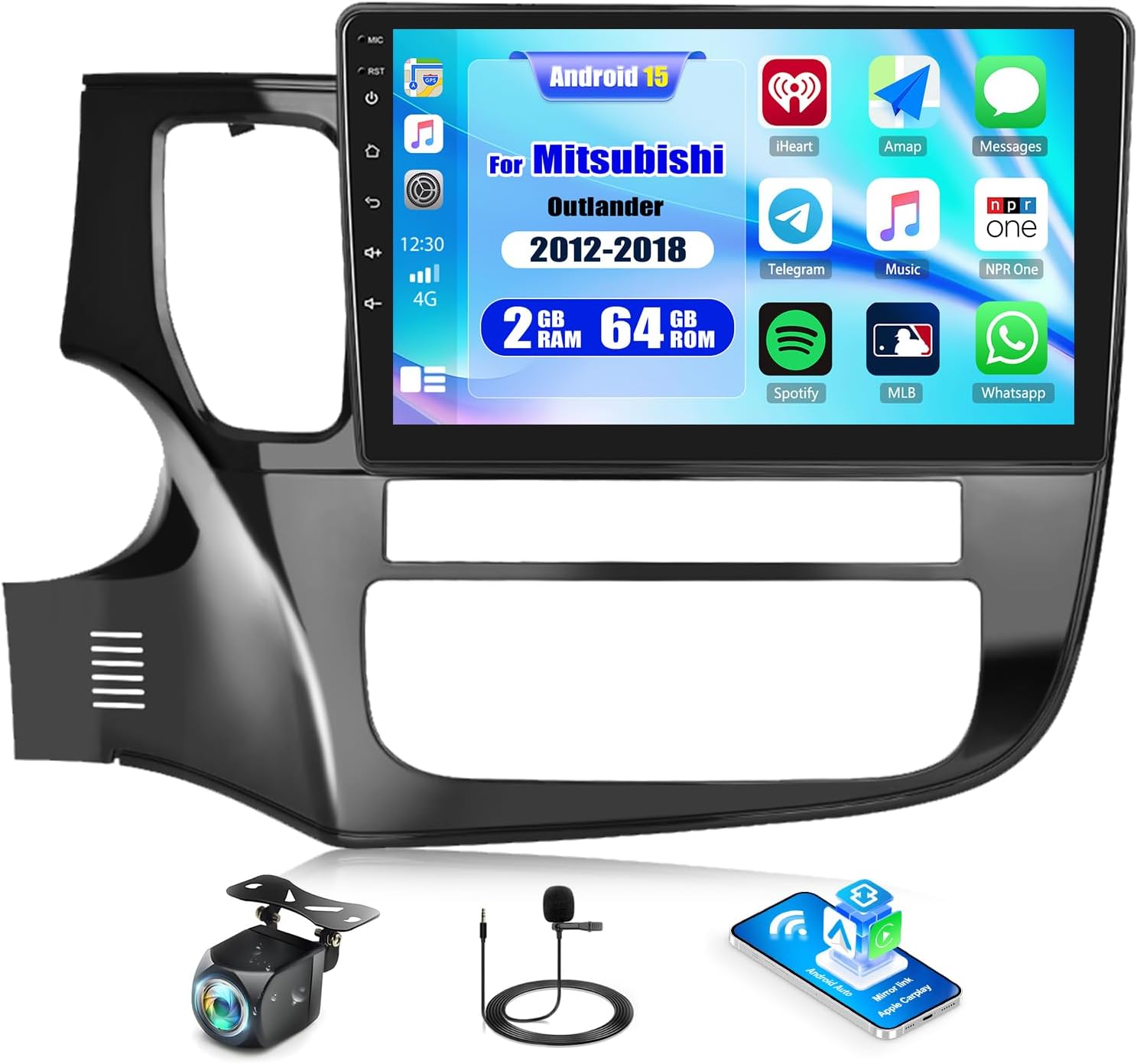 CAMECHO 2G+64G Android 15 Car Stereo for Mitsubishi Outlander 2012-2018, Wireless CarPlay Android Auto 10.1
