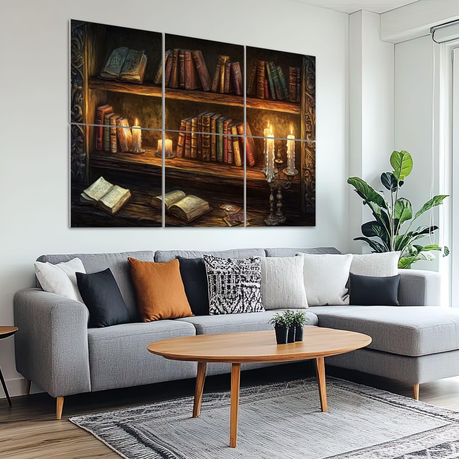 6 Pack Art Acoustic Panels Sound Absorbing Retro Bookcase Bookshelf Books Candles Wooden Shelf Ornate Open Warm Decorative Soundproof Wall Panels Self Adhesive for Recording Studios Office 72