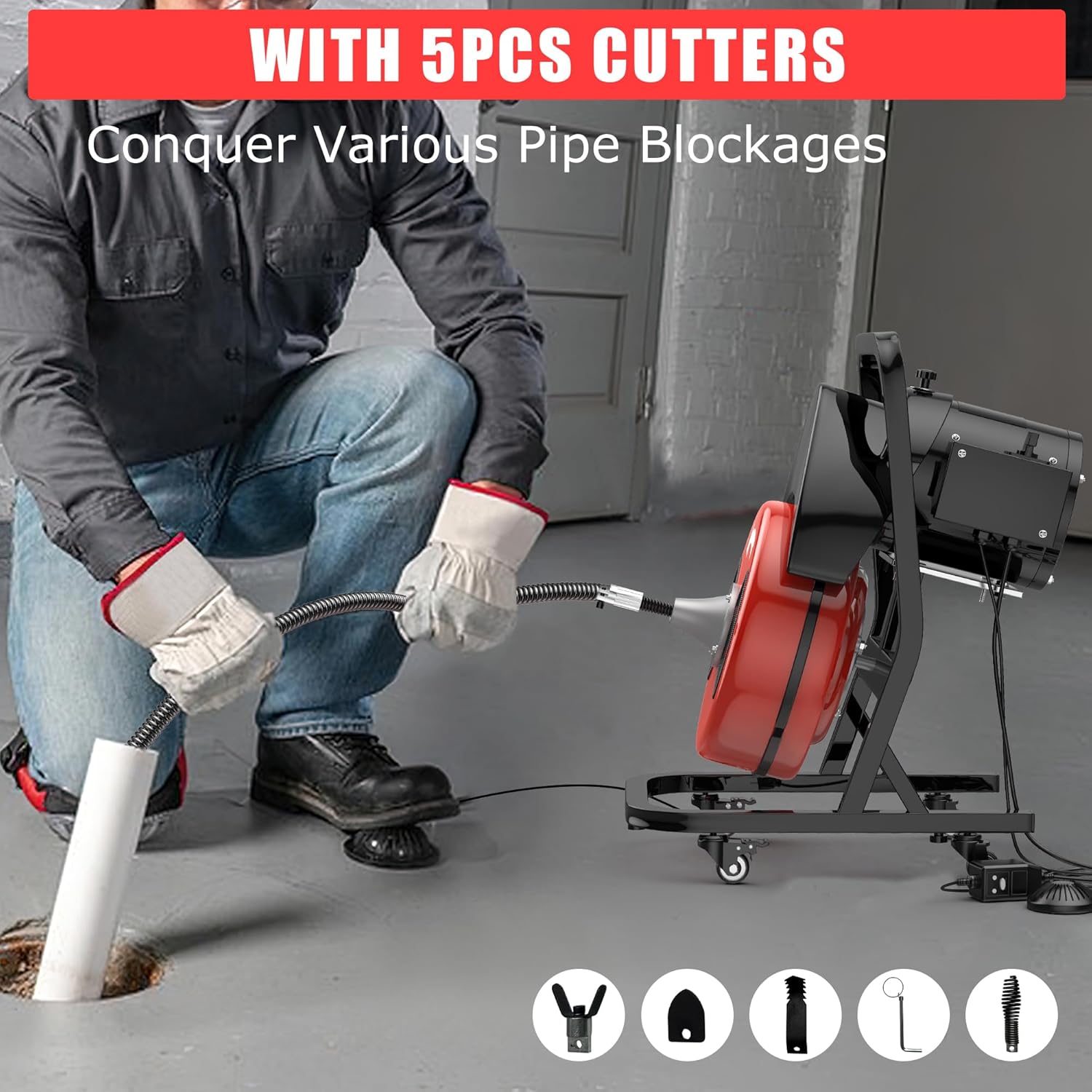 50FT 1/2 Inch Drain Cleaning Machine, Portable Electric Drain Auger with 6 Cutter & Air-Activated Foot Switch, Sewer Snake Drain Cleaner for 1