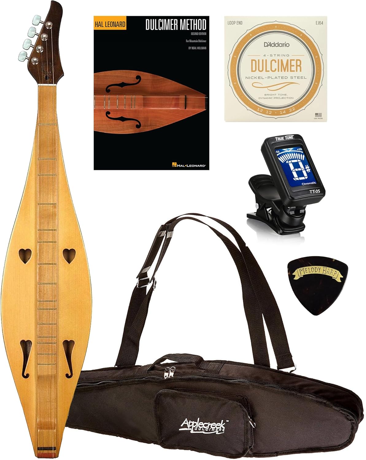 Applecreek ACD100 Dulcimer 4-String Spruce Teardrop Appalachian Mountain Instrument with Bag, Hal Leonard Book, D'Addario J64 Strings Bundle - Made in Romania ACD100K