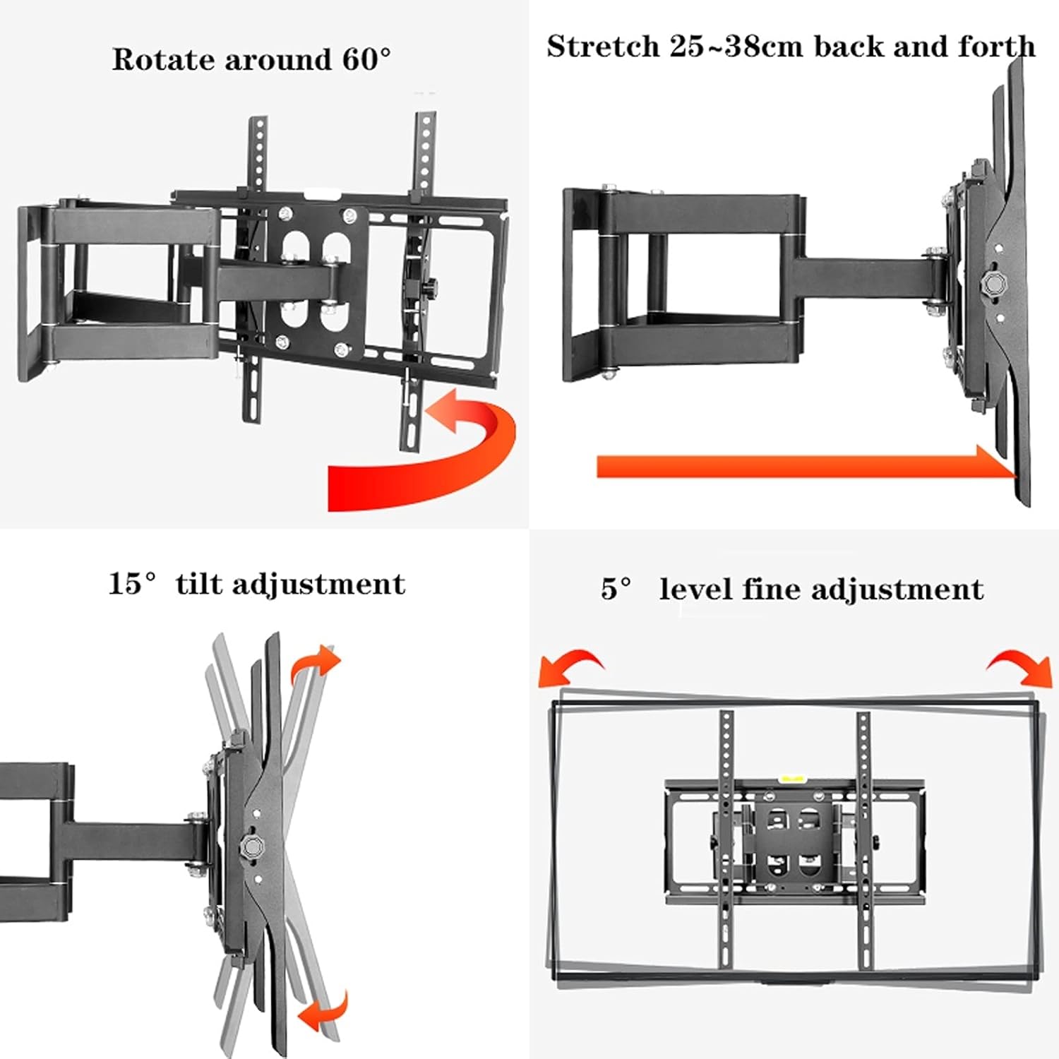 Adjustable Full Motion TV Wall Mount with Swivel Tilt and Dual Base for Corner Placement, Enhancing Viewing Experience