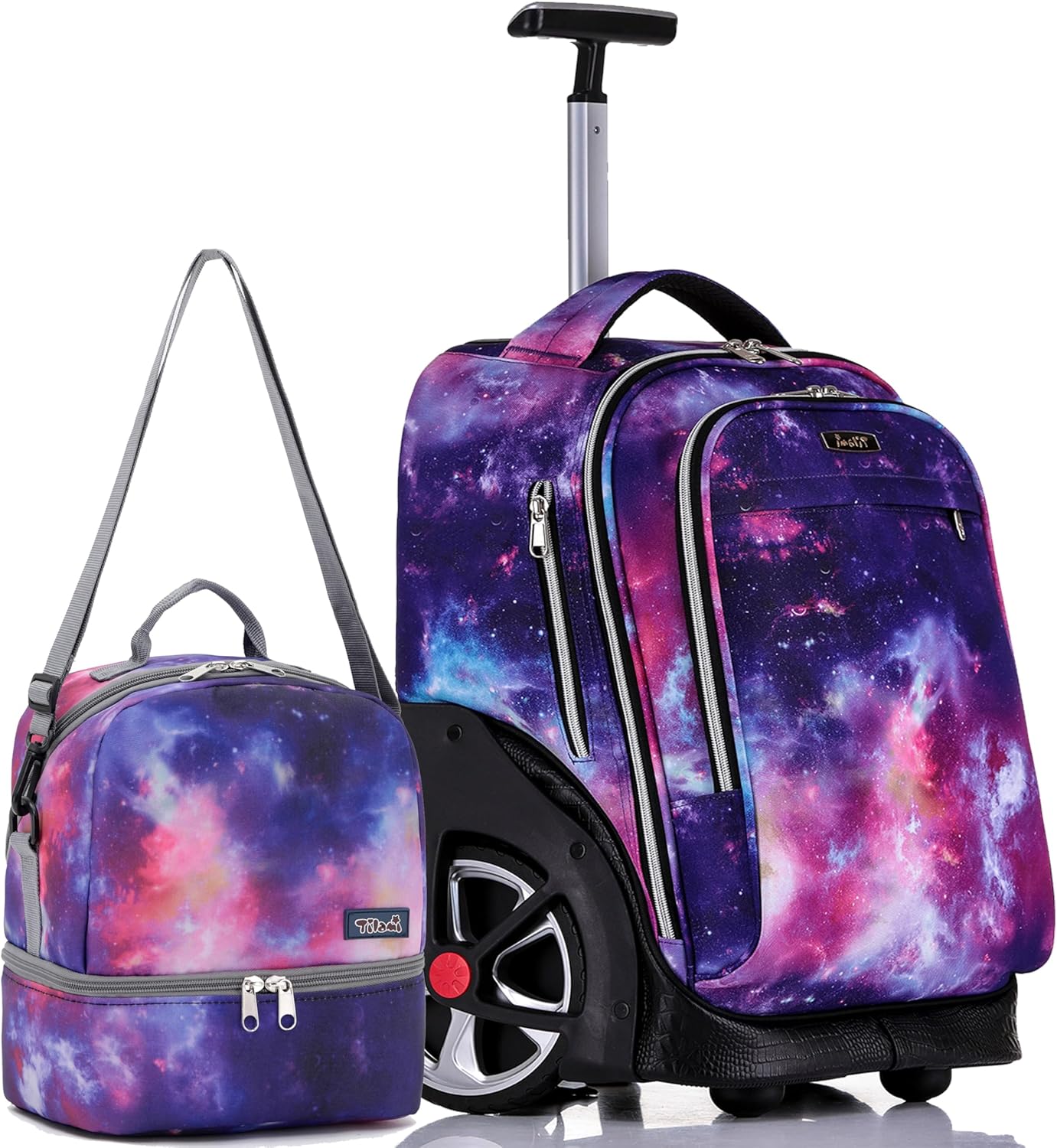 NEW TILAMI 19 Inch Rolling Backpack with Lunch Bag for Girls Boys Wheeled Laptop Backpack Durable Carry-on Bag School Travel, Purple Starry