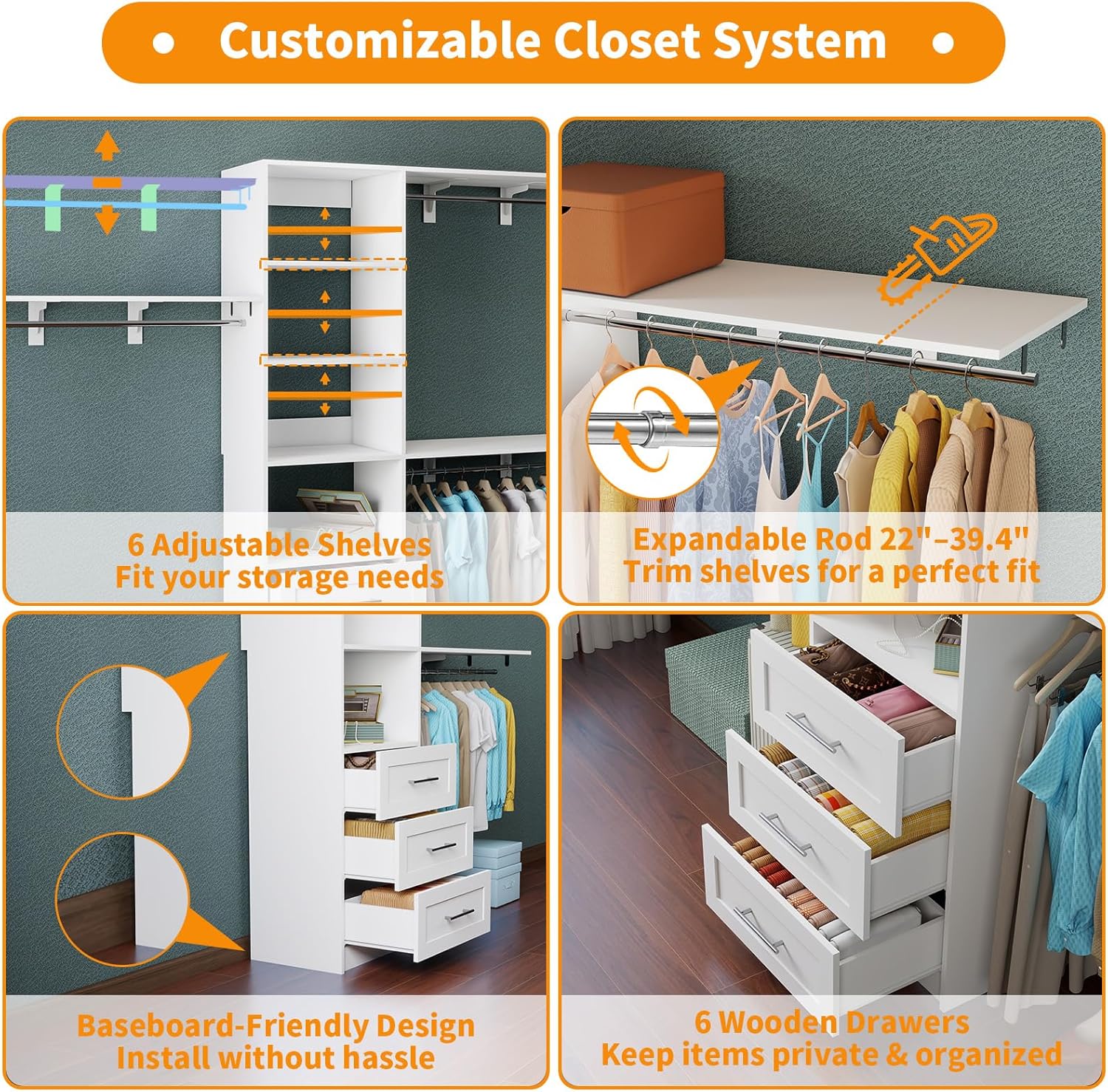 Closet System with Drawers, 8FT-12FT Closet Organizer System 96