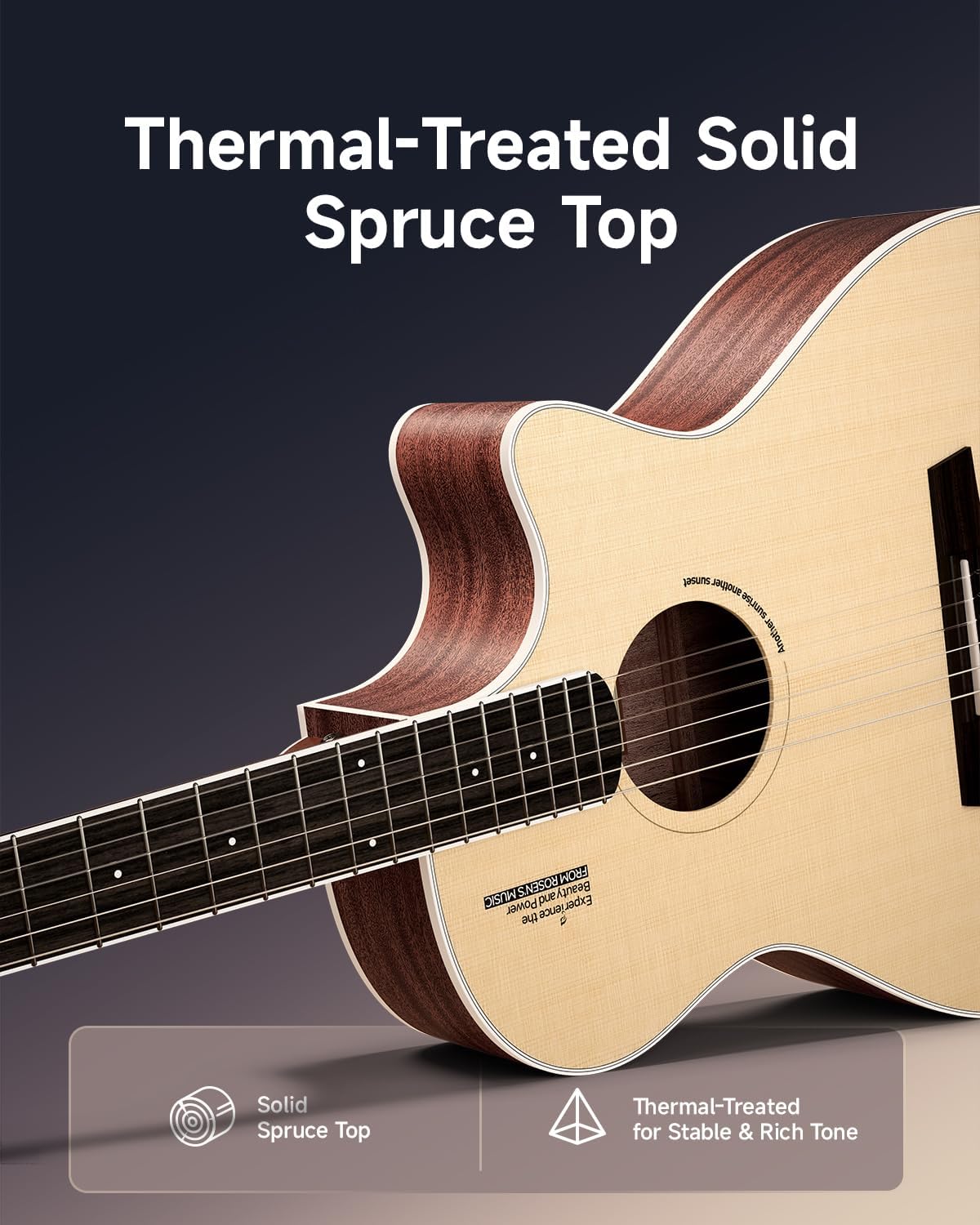 Rosen V1 Hybrid Acoustic Guitar for Beginners Adults Patented Body with Solid Spruce Top & Soft Touch Strings Thin Neck & Open Pore Matte 38 Inch,Black