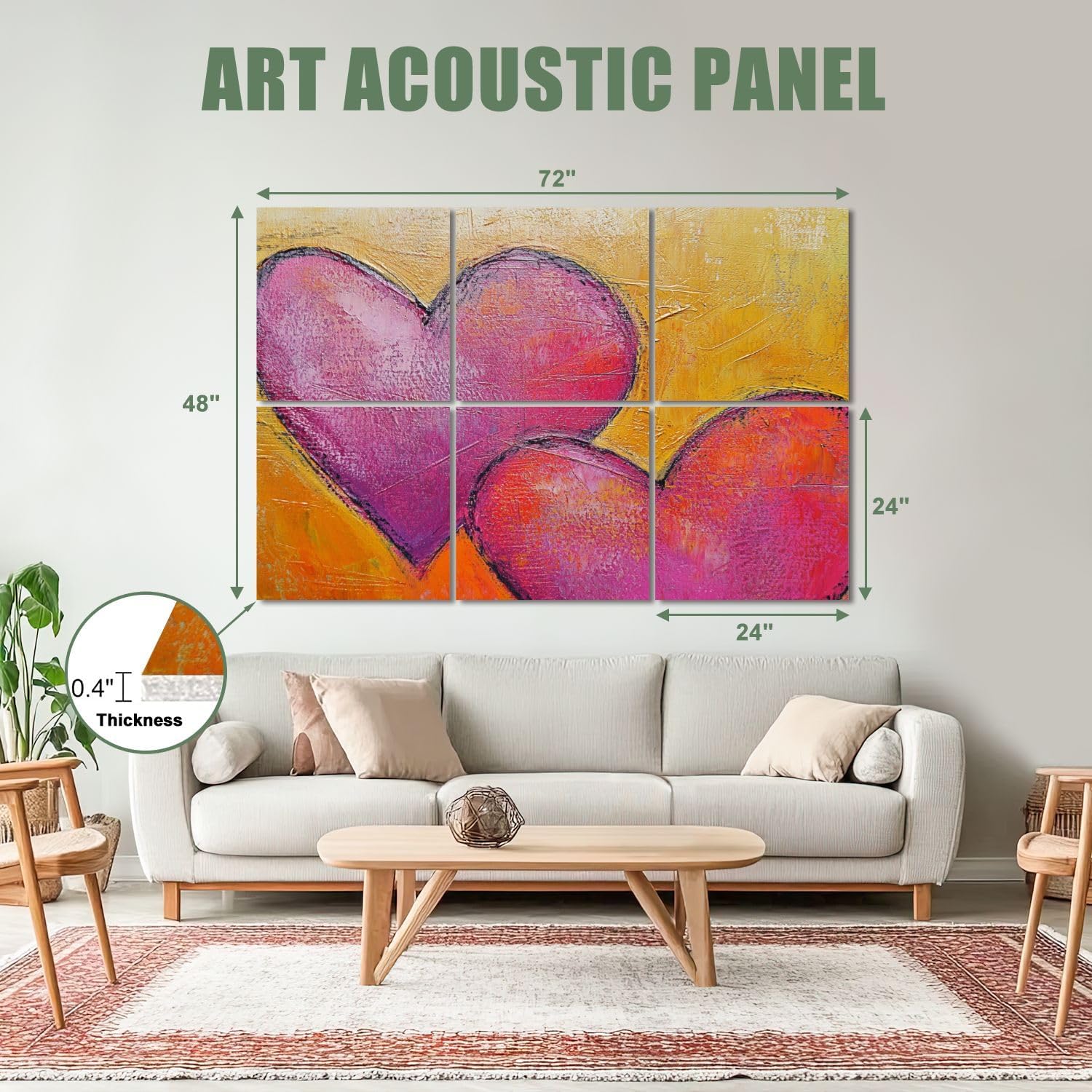 6 Pack Art Acoustic Panels Sound Absorbing Abstract Colorful Textural Heart Pink Orange Textured Surface Bold Decorative Soundproof Wall Panels Self Adhesive for Recording Studios Office 72