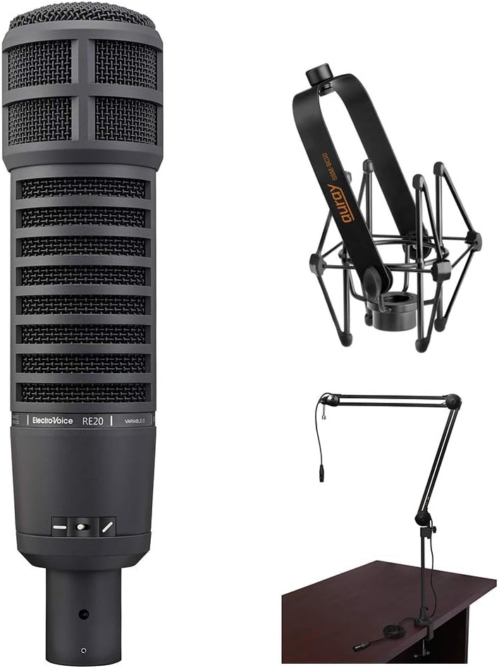 Electro-Voice RE20 Broadcast Announcer Microphone (Black) Bundle with Mic Shockmount & Broadcast Arm,XLR