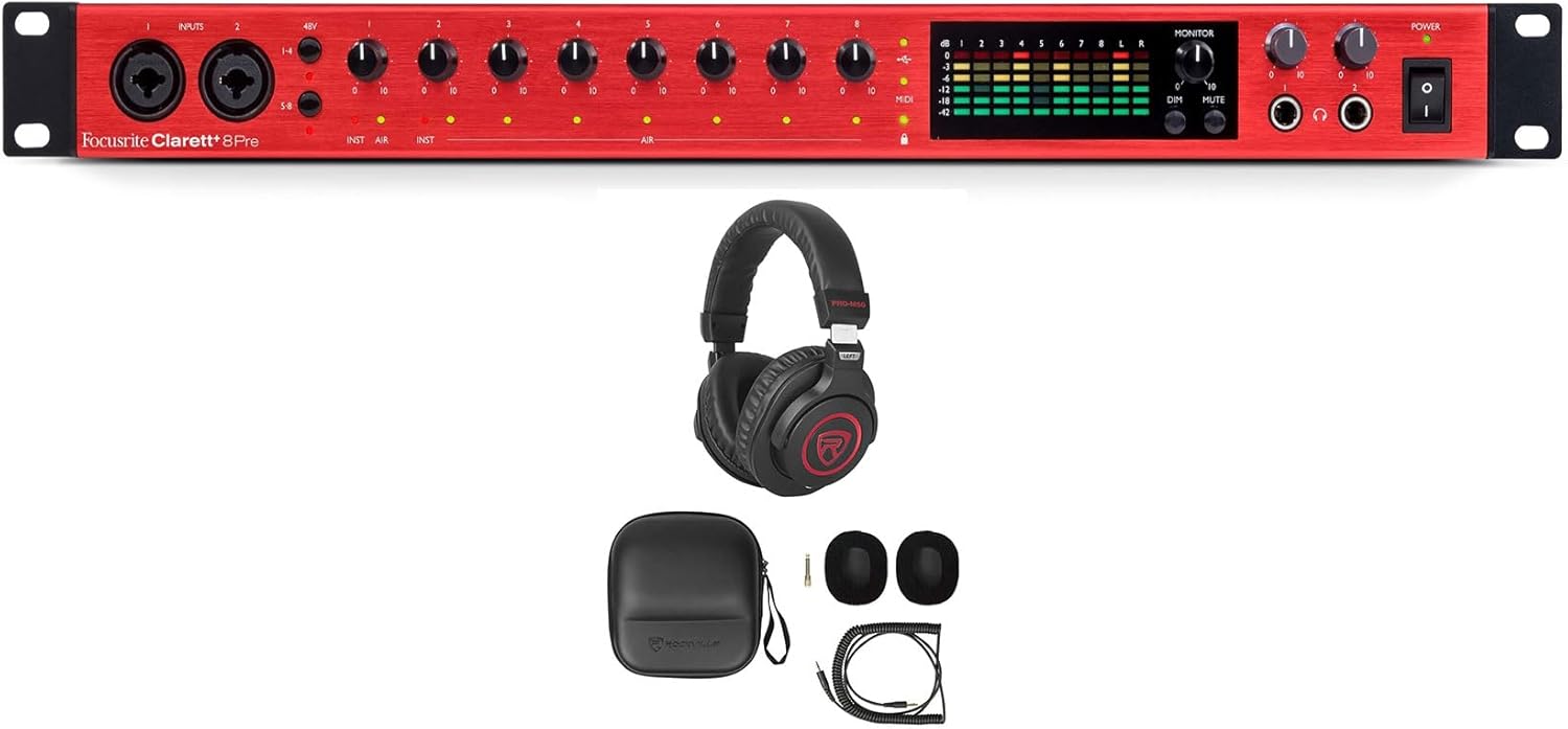 Audiosavings Bundle: Focusrite Clarett+ 8Pre USB-C Audio Recording Interface, 8 Mic Preamps/JFET/ADAT Bundle with Rockville PRO-M50 SR Studio Headphones+Detachable Coil Cable+Case+Ear Pad (2 Items)