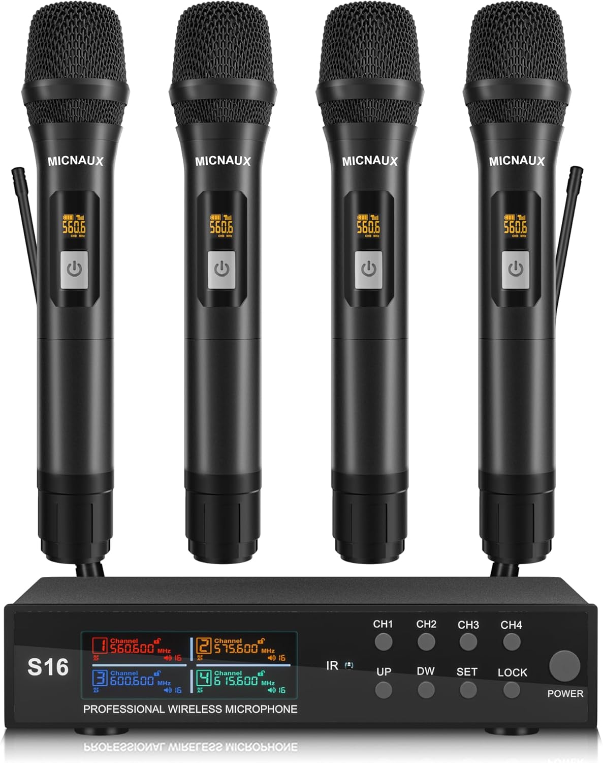 Wireless Microphone System, Pro 4 Channel UHF Mics Set with Metal Cordless Handheld Mics & Receiver, 200 Adjustable Frequency, 300ft Range for Singing, Church, Karaoke, Party