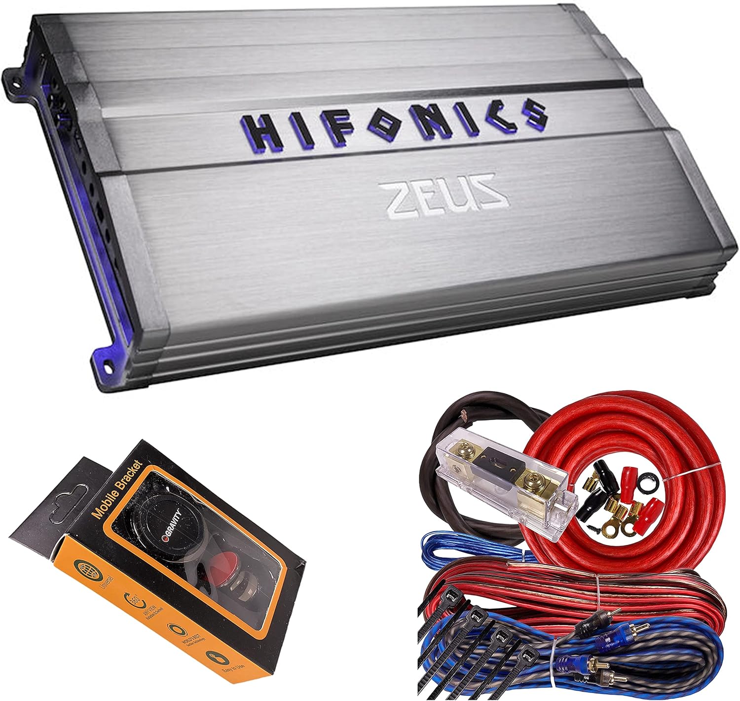 Hifonics ZG-3200.1D Zeus Gamma 1 Channel Super D Class 3200 Watt Car Audio Sound System Subwoofer Speaker Amp Amplifier with Gravity Magnet Phone Holder and 4 Gauge Kit Red Bundle