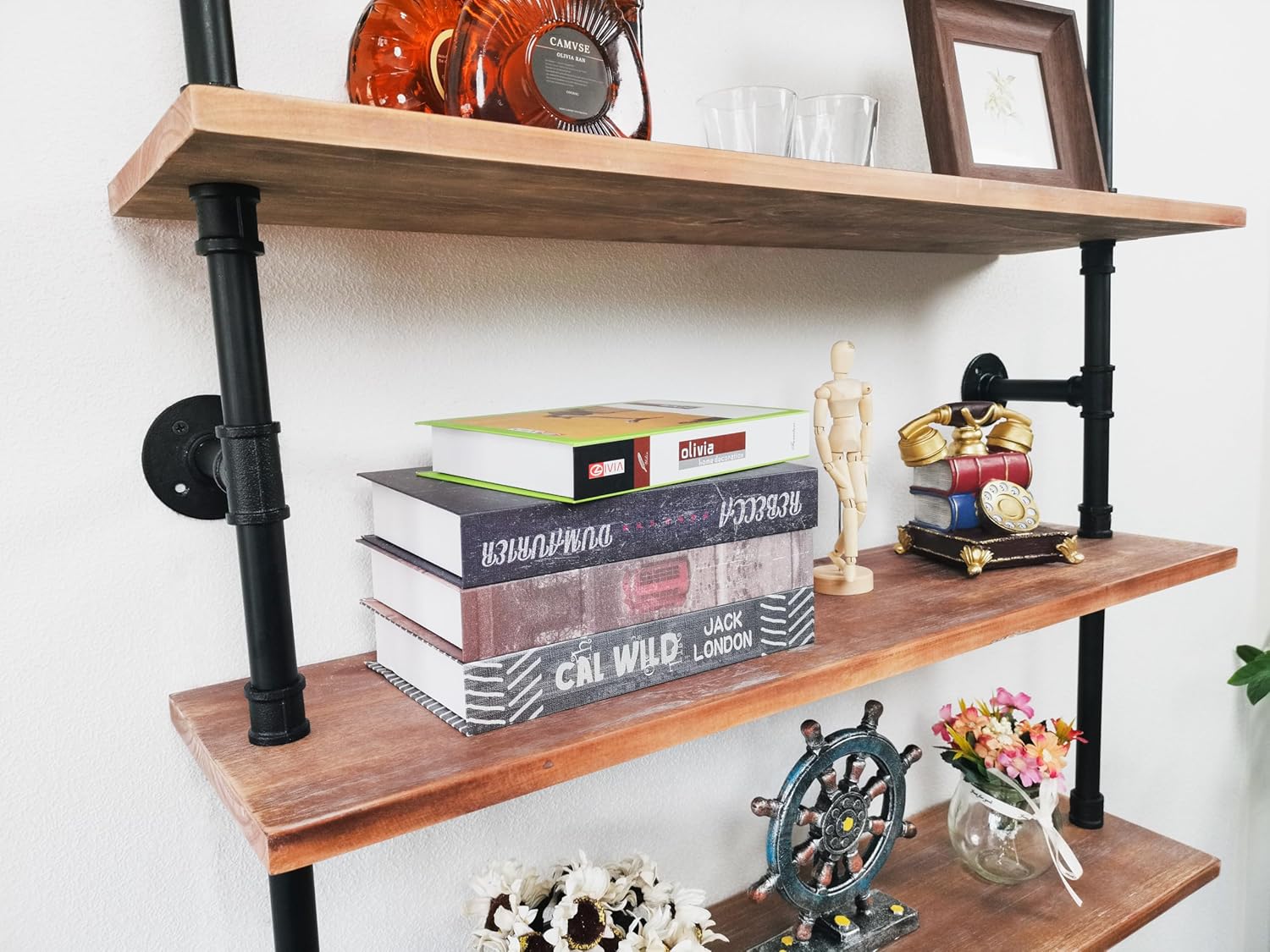 5 Tier Industrial Ladder Shelf Bookcase, Wall Mounted Wood Metal Pipe Rustic Bookshelf for Living Room (Weathered Brown, 10