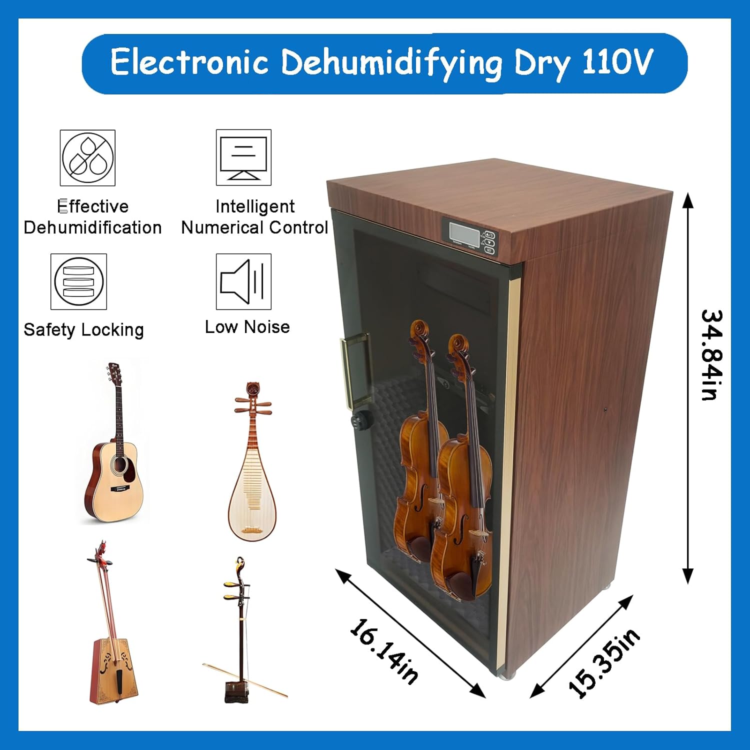 Musical Instrument Dehumidifying Dry Cabinet Electronic Storage Cabinet Dehumidifier with 35-60% RH Humidity Control, Mechanical Code Lock, Digital Control for Guitars, Bass, Violin, Erhu