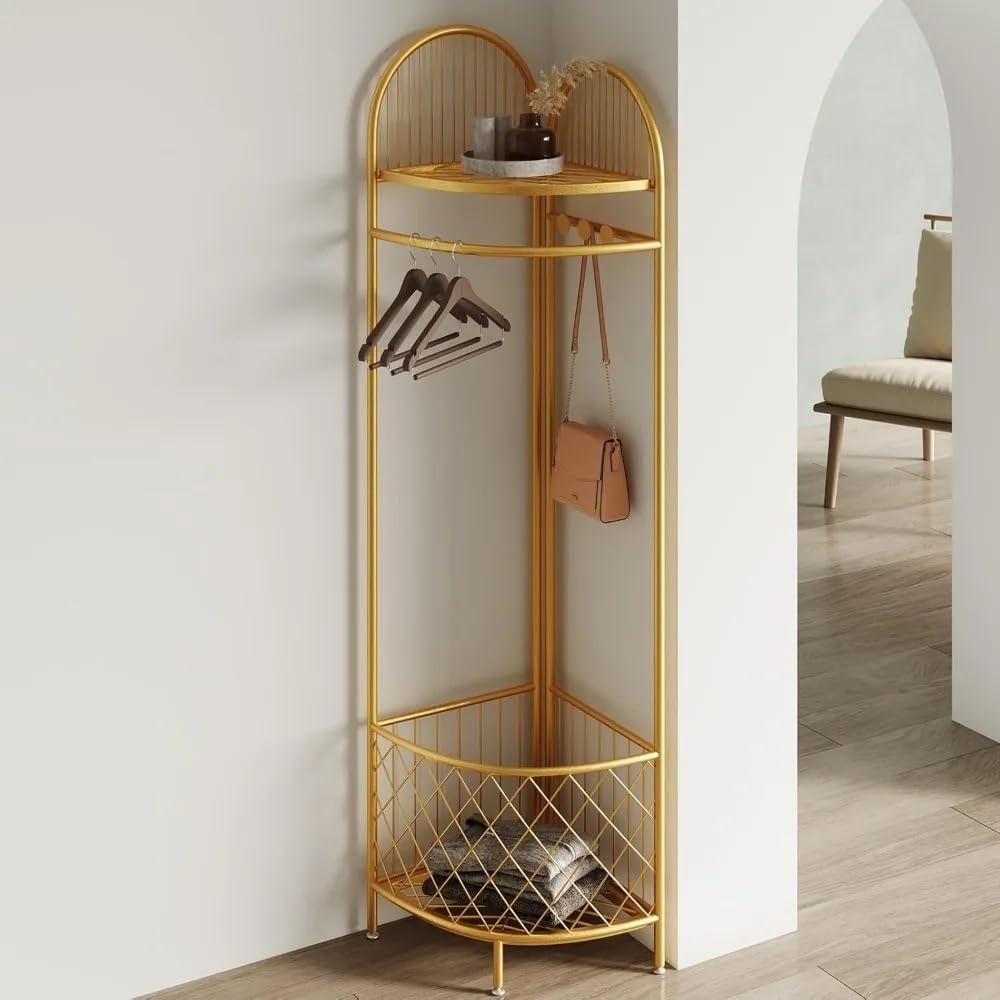 Coat Racks Corner Coat Rack With Storage Basket And Hooks Metal Clothes Rack For Entryway, Hallway, Bedroom, Office Coat Rack Stand(Golden)