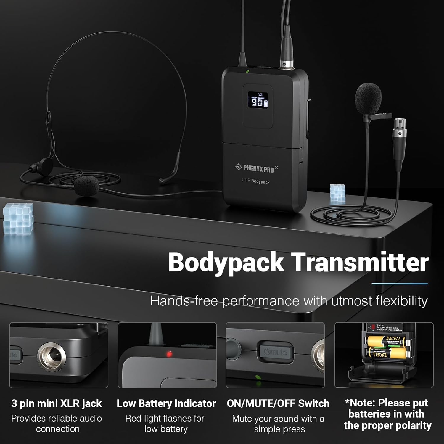 Phenyx Pro 4-Channel Wireless Microphone System w/Auto Scan, 4x40 UHF Frequencies, 2 Handheld Dynamic Mics, 2 Bodypacks & Headsets/Lapel Microphones for Singing, DJ, Church (PTU-7000-2H2B)