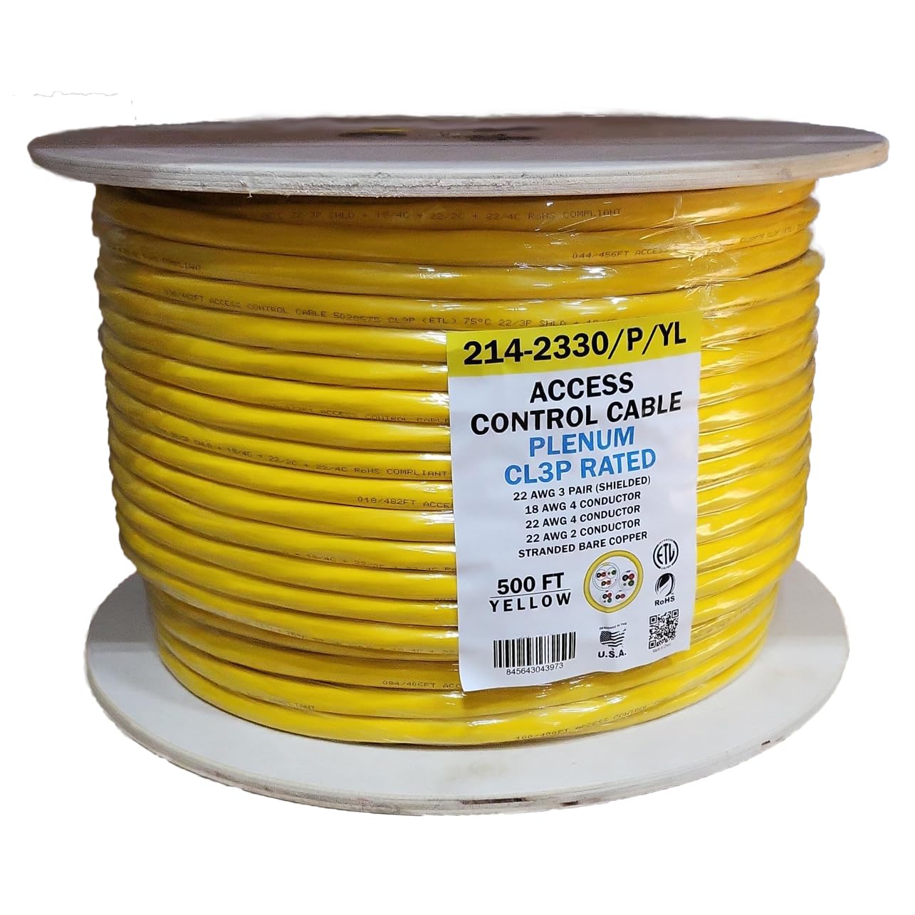 Vertical Cable Access Control Cable Plenum: 22 AWG/3 Pair Shielded + 18AWG/4 Conductor + 22 AWG/4 Conductor + 22AWG/2 Conductor, Stranded Bare Copper Conductors, 500ft Spool, Yellow