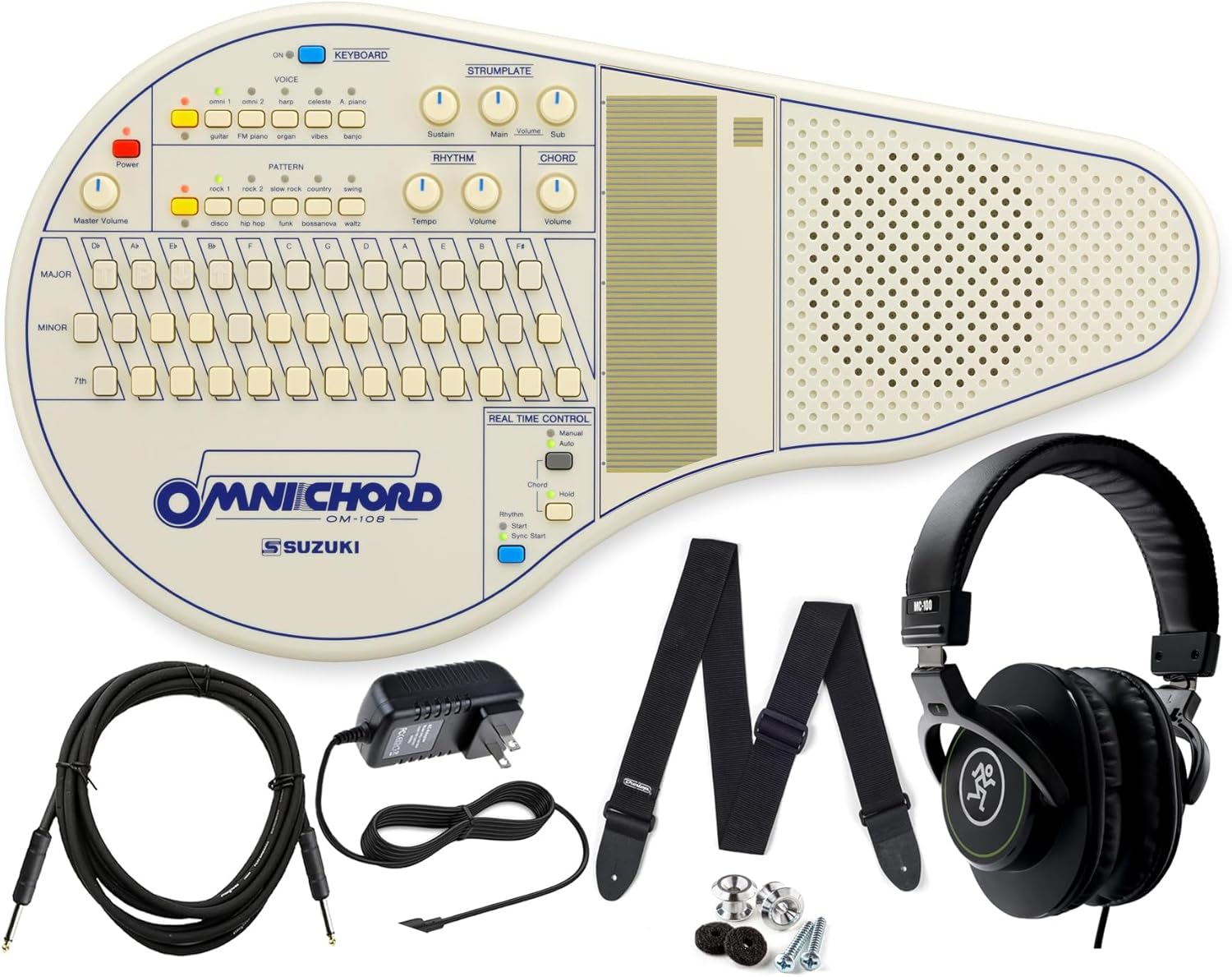 Suzuki Omnichord Electronic Musical Instrument OM-108 Digital Chorded Zither Synthesizer Instant Accompaniment with Mackie Headphones, Power Supply, Cable, Strap Bundle