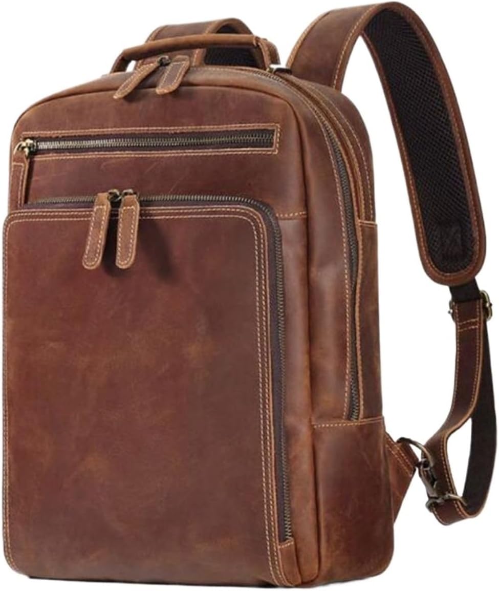 Genuine Leather Backpack for Men, Travel Laptop Bag with Spacious Compartment, Casual Daypack & Handbag Gift Box (Brown)