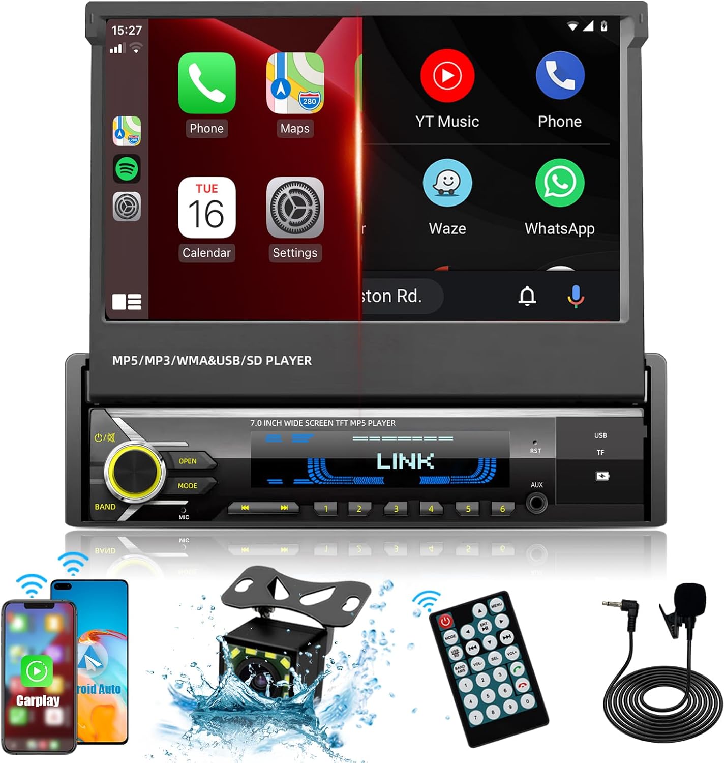 [Upgrade] Single Din Car Stereo Player Compatible with Apple Carplay & Android Auto – 7 Inch Motorized Flip Out Touch Screen with Bluetooth| Mirror Link | HD Backup Camera | AUX | AM FM Car Radio