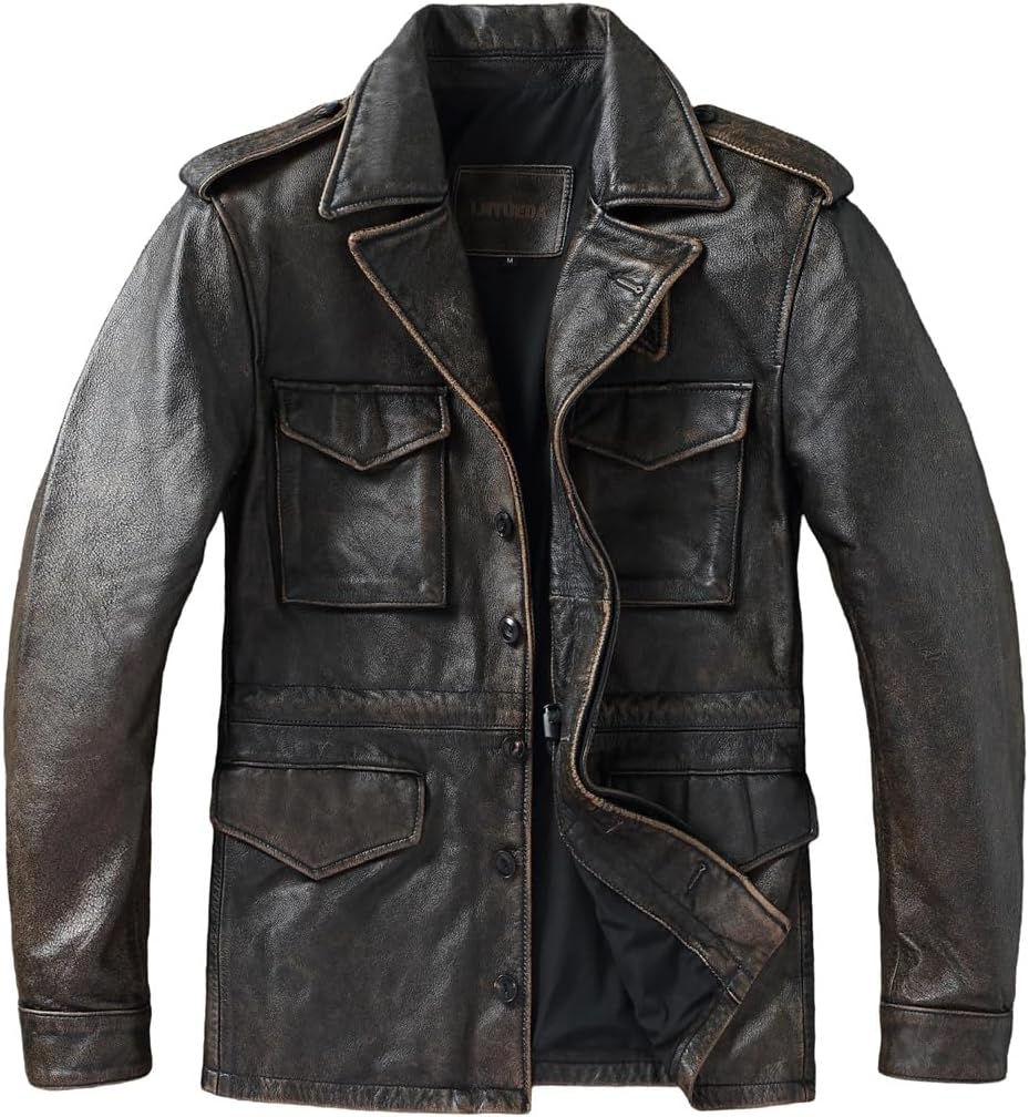 Men Trench Coat Cowhide Military Genuine Medium And Long Multi-Pocket Vintage Leather Jacket