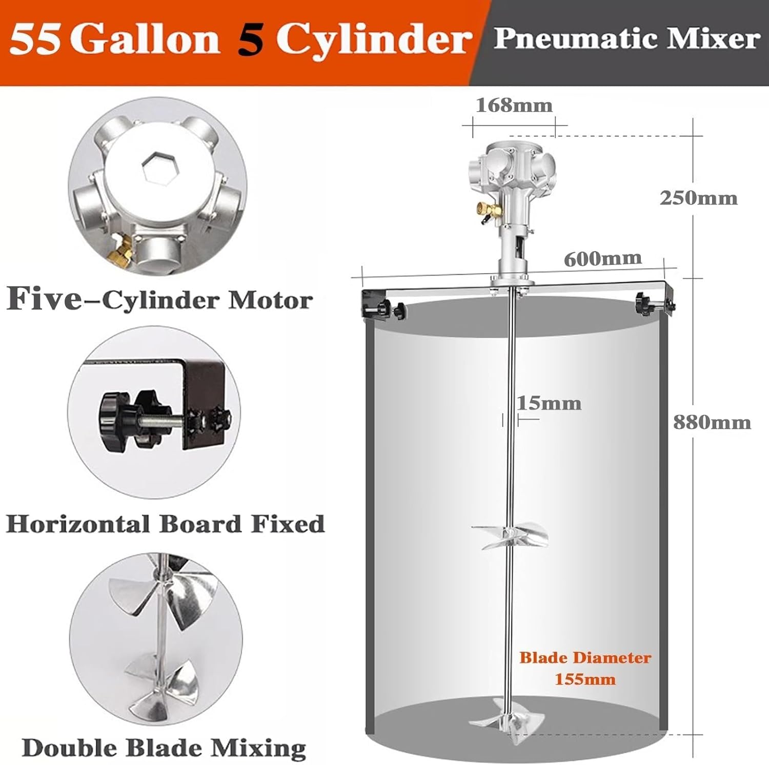 55 Gallon 3/4HP Pneumatic Paint Mixer, 400L Tank Barrel Air Agitator, Paint Stirring Machine Mix Tool for Viscous Liquid Ink Dye(Stainless Steel Blade)