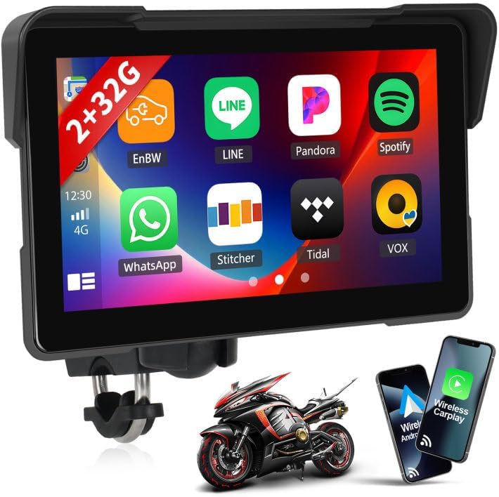 2+32G Android Carplay Screen for Motorcycle,Wireless CarPlay&Android Auto,7 Inch IPS Waterproof Portable Radio with Mirror Link,Bluetooth,WiFi,GPS Navigation,Voice Assistant