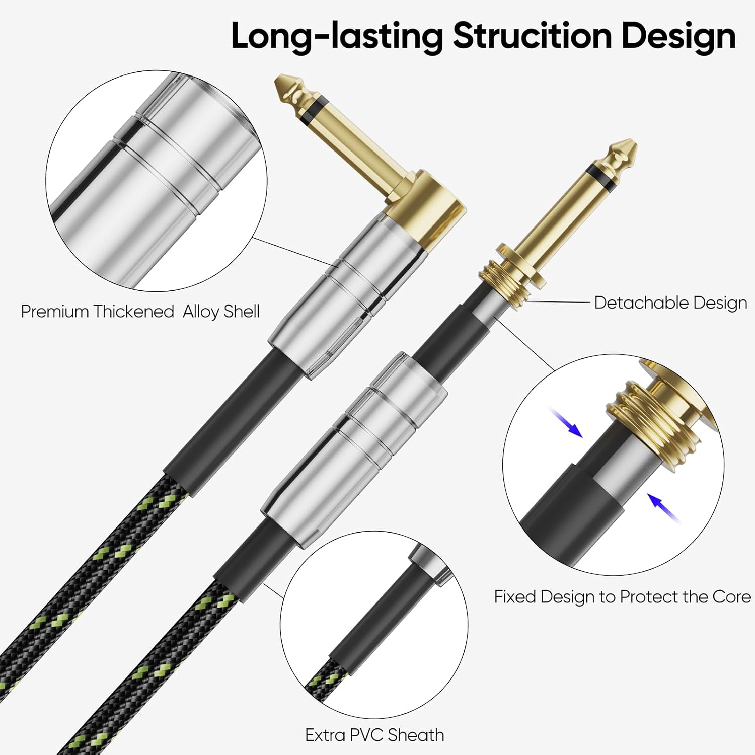 FEMORO Guitar Cable 10 ft 10-Pack, Instrument Cord TS 1/4 Inch Audio 22AWG Chord 6.35MM Right Angle Support Guitar Amp/Stereo Mixer/Audio Interface/Guitar Pedal