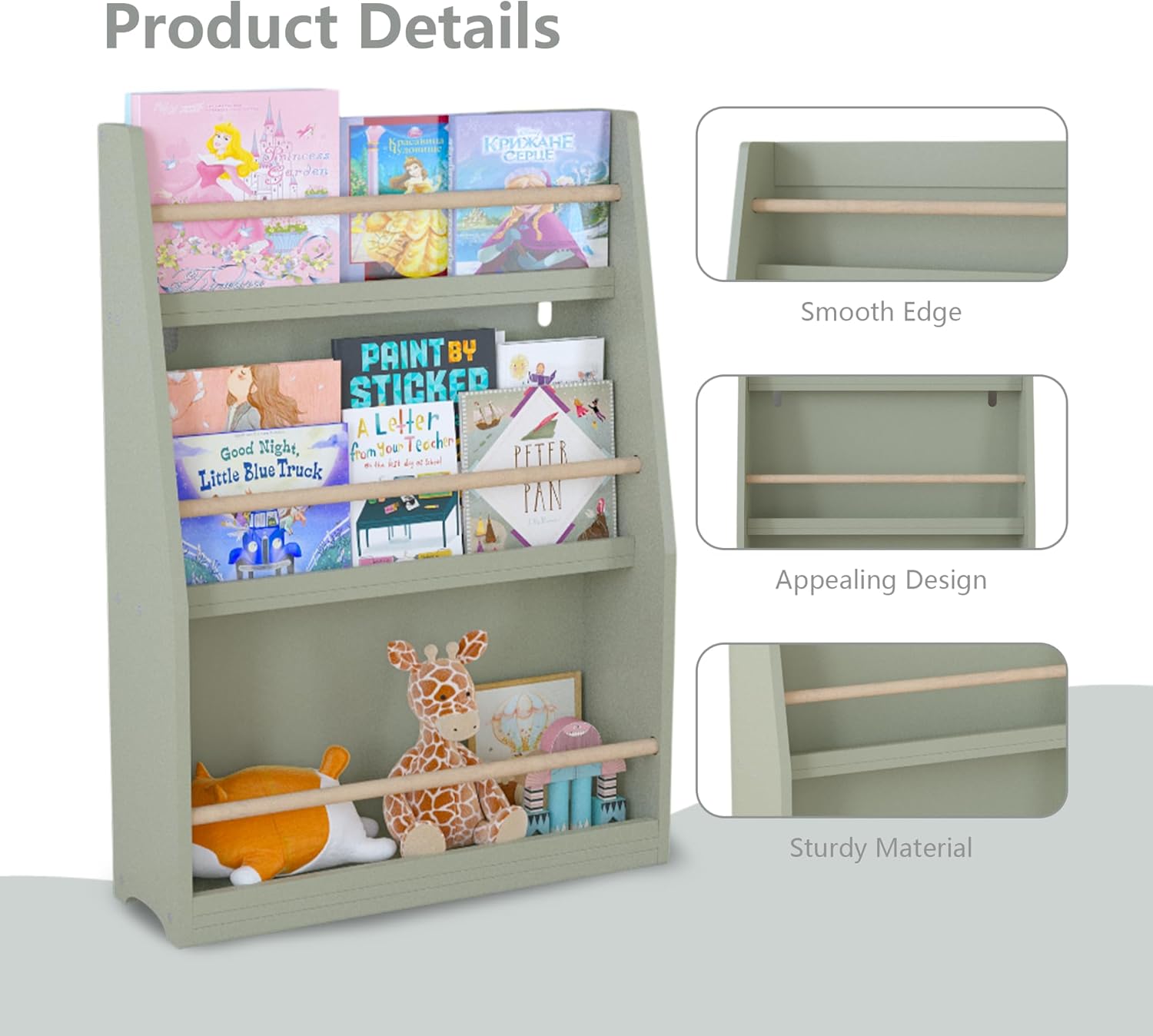 Kids Book Display Shelf, 3-Tier Wall Mount Bookcase, Sage Green, MDF and Pine Wood, Nursery Storage Rack for Children's Bedroom, Playroom