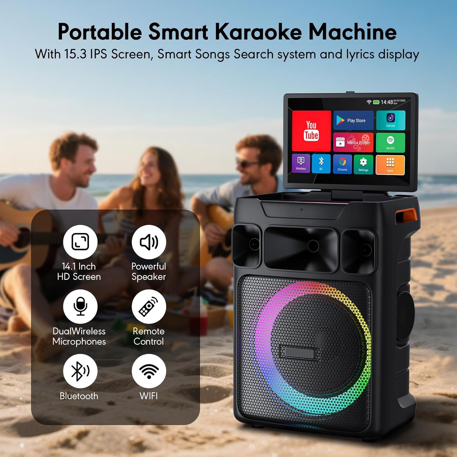 Smart Karaoke Machine with Screen & Lyrics Display, 14.1 Inch HD Screen, Dual Wireless Microphones, Up to 400W Power Speaker, Karaoke Machine for Adults or Music Lovers (Large)