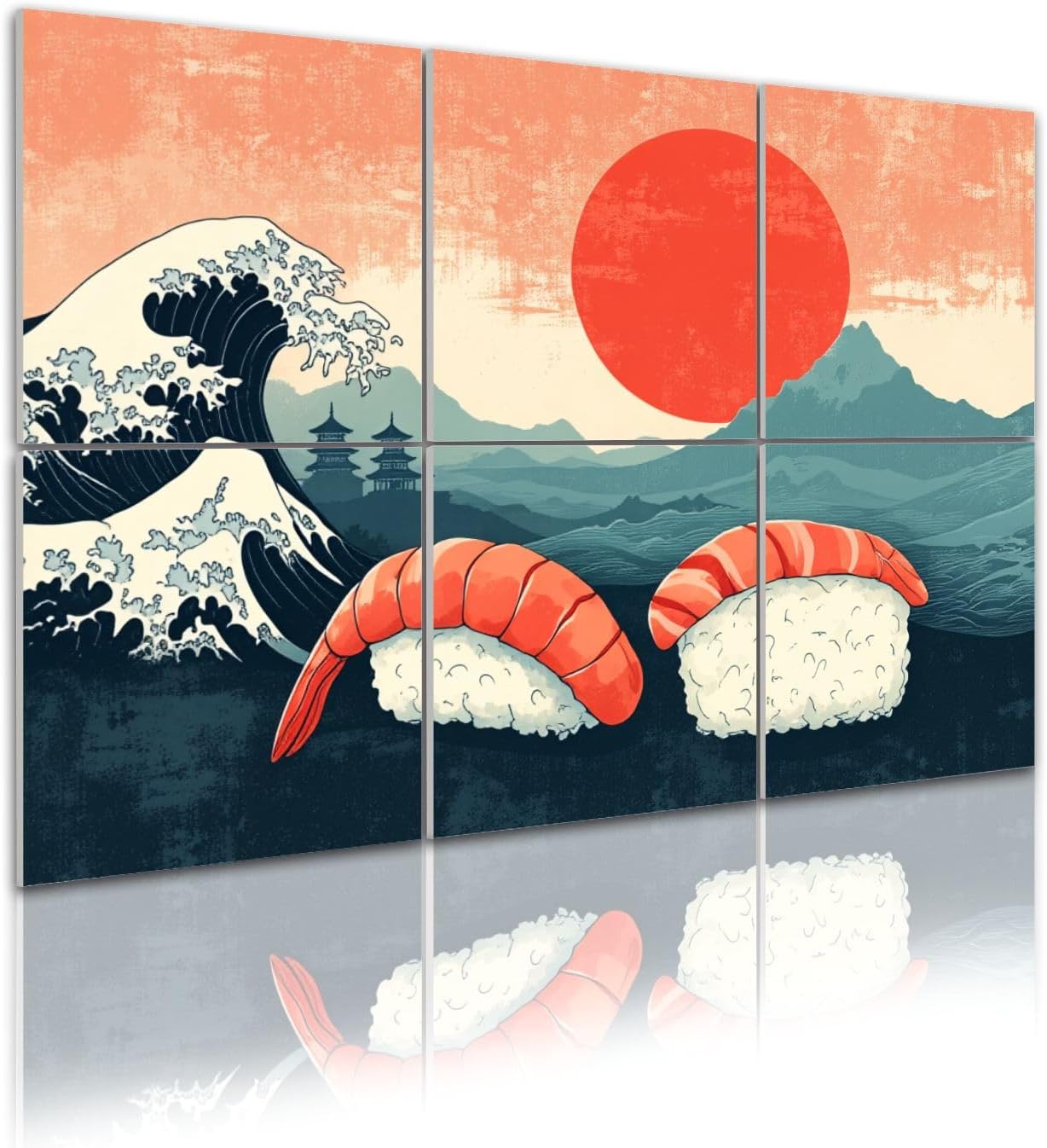 6 Pack Art Acoustic Panels Self Adhesive Japanese Shrimp Nigiri Sushi Red Sun Pagoda Mountains Decorative Soundproof Wall Panels Sound Absorbing Panel 48